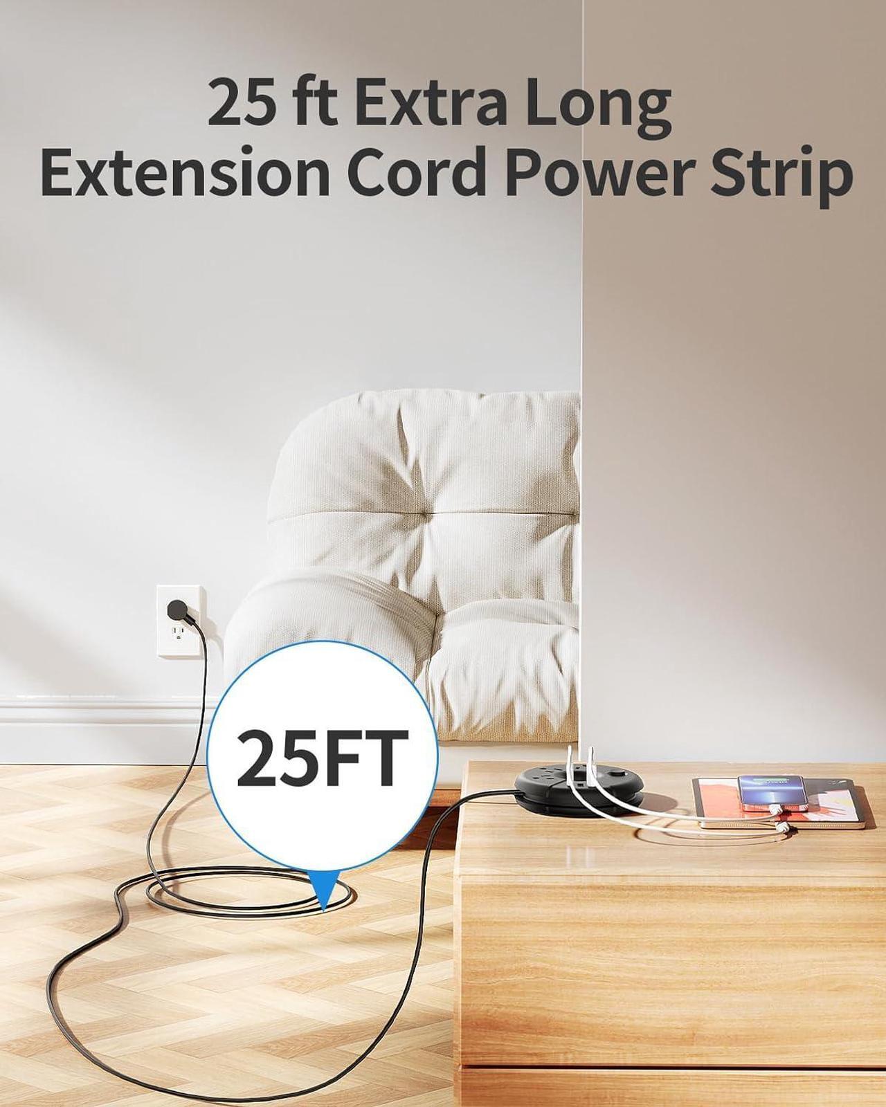 Alt view image 2 of 6 - Extra Long Extension Cord 25 Ft, NTONPOWER Flat Plug Power Strip with 3 Outlets 3 USB Ports, Compact Desktop Charging Station with Switch for Home, Office, TV, Nightstand, Dorm Room Essentials, Black