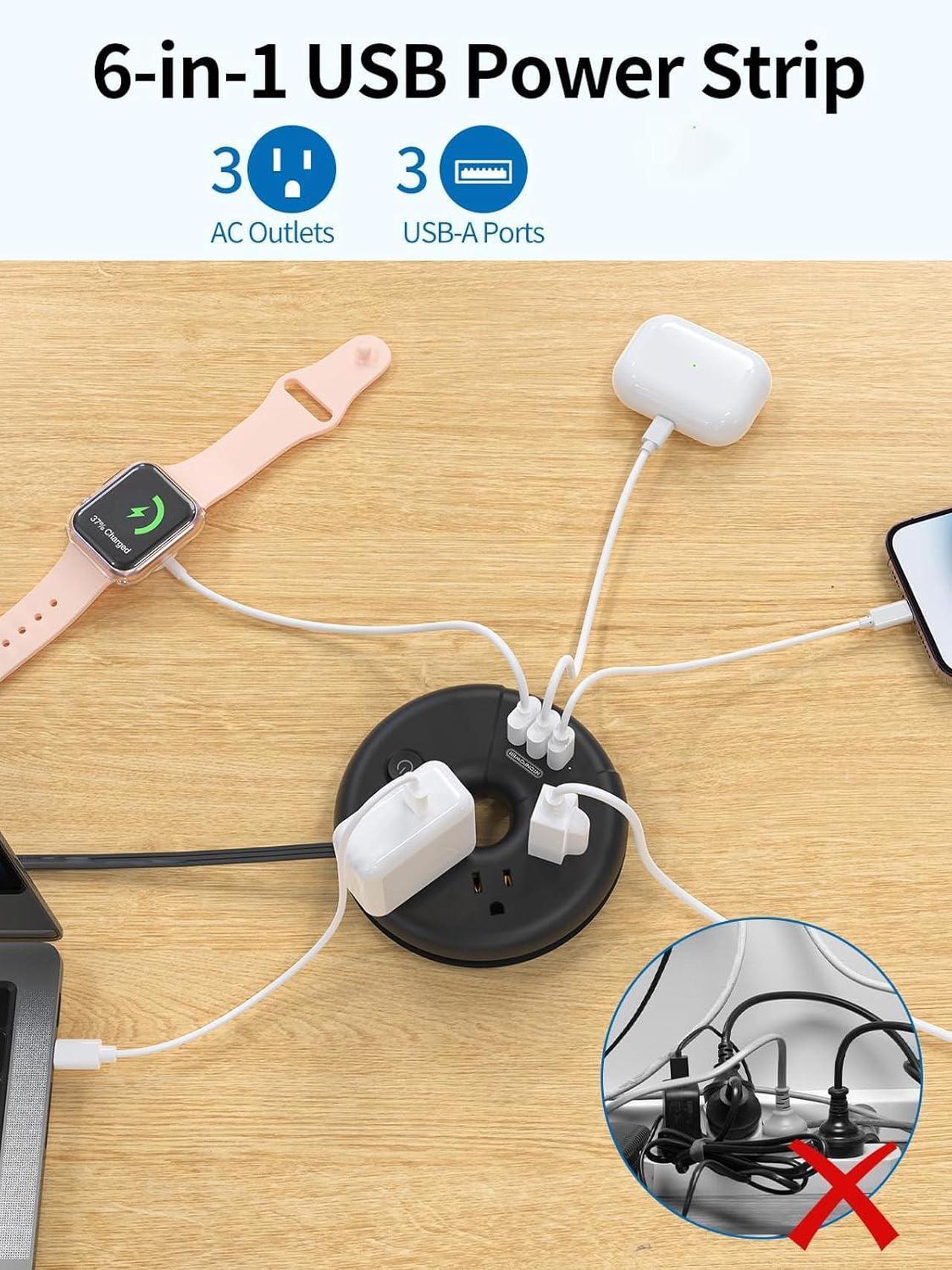 Alt view image 3 of 6 - Extra Long Extension Cord 25 Ft, NTONPOWER Flat Plug Power Strip with 3 Outlets 3 USB Ports, Compact Desktop Charging Station with Switch for Home, Office, TV, Nightstand, Dorm Room Essentials, Black