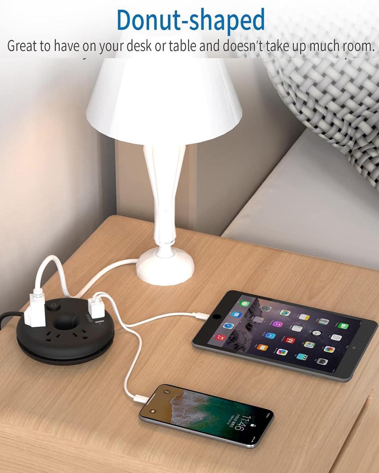 Alt view image 4 of 6 - Extra Long Extension Cord 25 Ft, NTONPOWER Flat Plug Power Strip with 3 Outlets 3 USB Ports, Compact Desktop Charging Station with Switch for Home, Office, TV, Nightstand, Dorm Room Essentials, Black