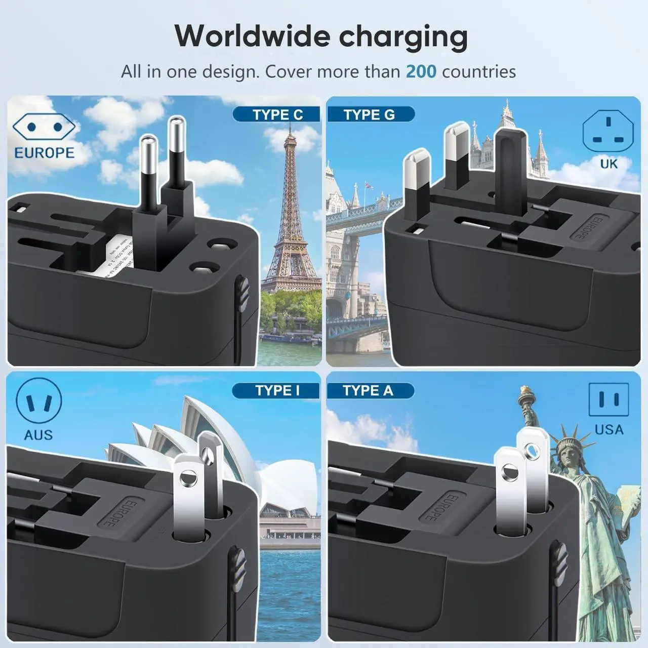 Alt view image 2 of 7 - Travel Adapter, Worldwide All in One Universal Travel Adaptor AC Power Plug Adapter Wall Charger with USB-C and USB-A Charging Ports for USA EU UK AUS Black