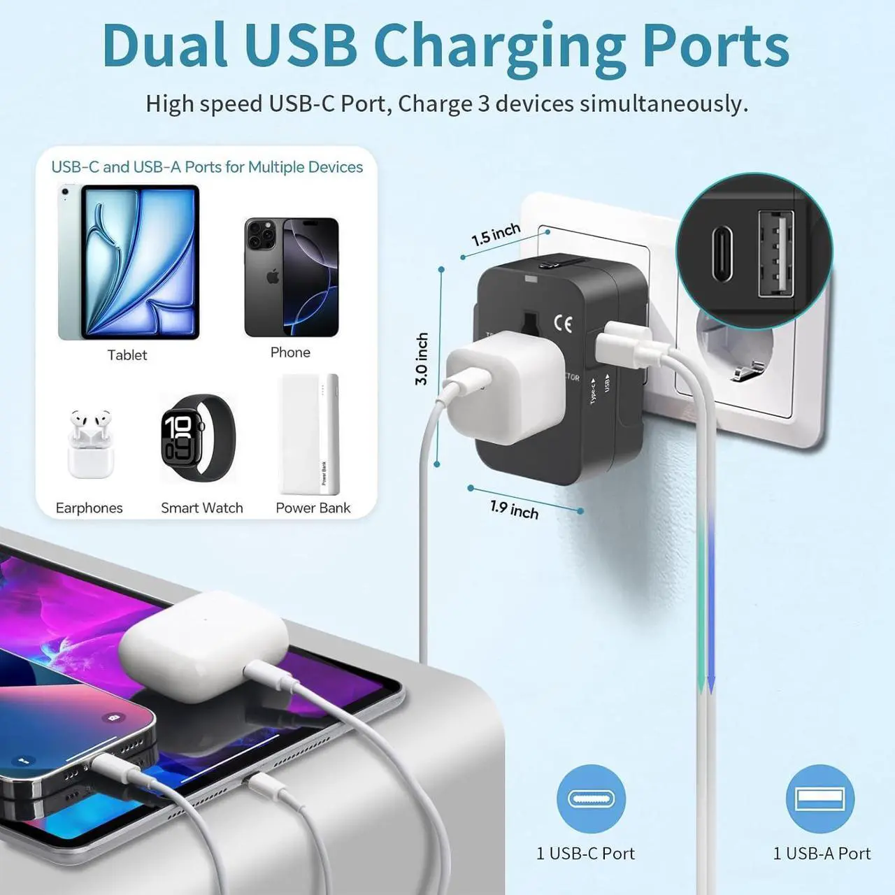 Alt view image 3 of 7 - Travel Adapter, Worldwide All in One Universal Travel Adaptor AC Power Plug Adapter Wall Charger with USB-C and USB-A Charging Ports for USA EU UK AUS Black