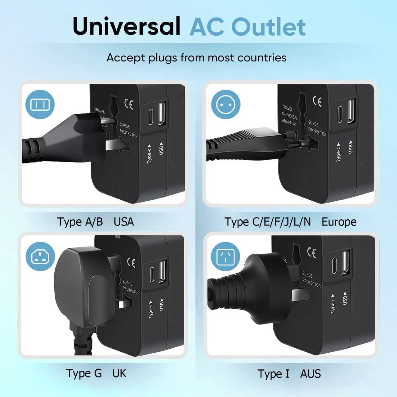 Alt view image 4 of 7 - Travel Adapter, Worldwide All in One Universal Travel Adaptor AC Power Plug Adapter Wall Charger with USB-C and USB-A Charging Ports for USA EU UK AUS Black