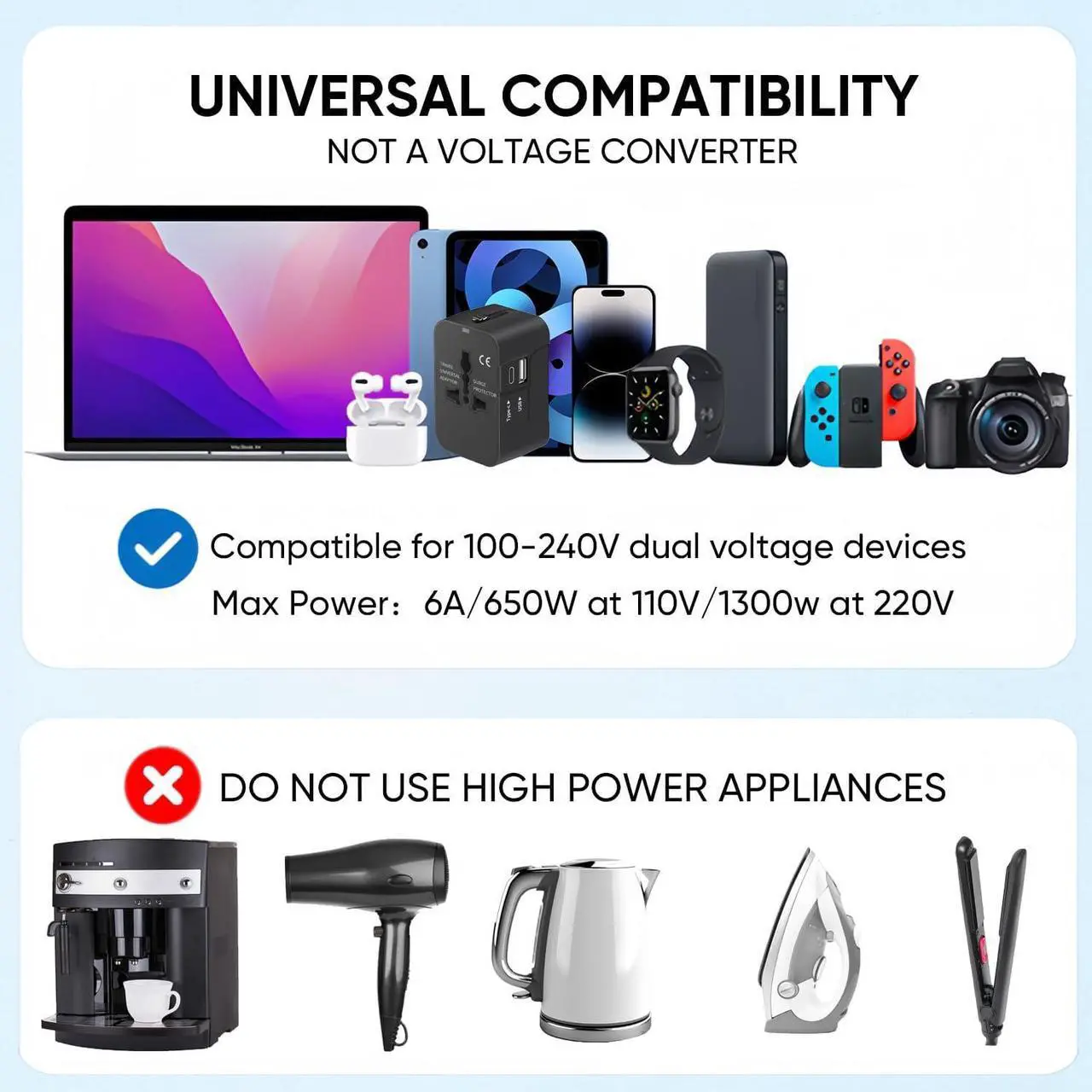 Alt view image 6 of 7 - Travel Adapter, Worldwide All in One Universal Travel Adaptor AC Power Plug Adapter Wall Charger with USB-C and USB-A Charging Ports for USA EU UK AUS Black