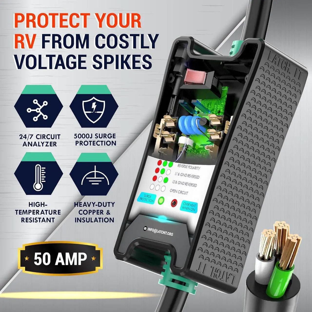 Alt view image 2 of 6 - LATCH.IT 50 Amp RV Surge Protector | RV Surge Protector 50 Amp w/ 5000J Voltage Protection | RV 50 Amp Surge Protector w/Circuit Analyzer | Prevents Damage w/Our 50 Amp Surge Protector for RV!