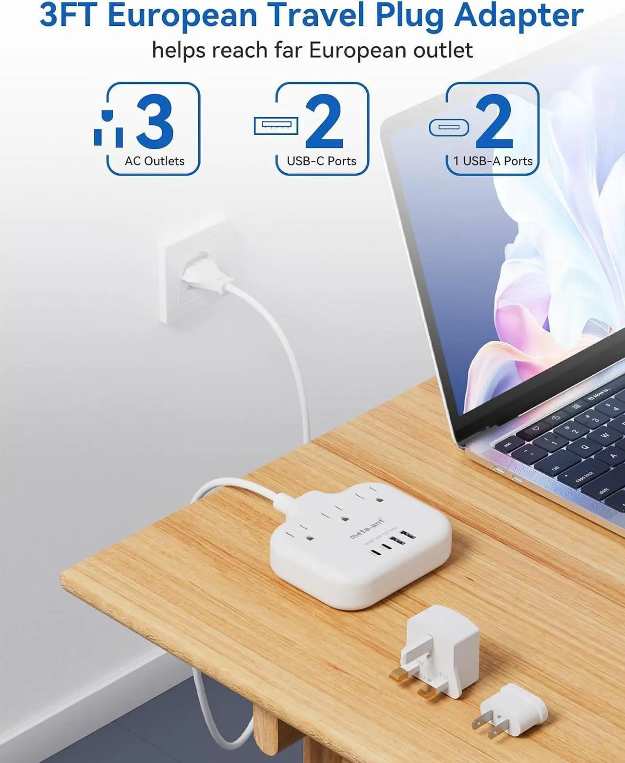 Alt view image 3 of 7 - European Travel Plug Adapter, US to European Plug Adapter with 3 American Outlets & 4 USB, 3ft European Power Cord, International Travel Power Strip, Type C for Europe EU Germany France, Travel, White
