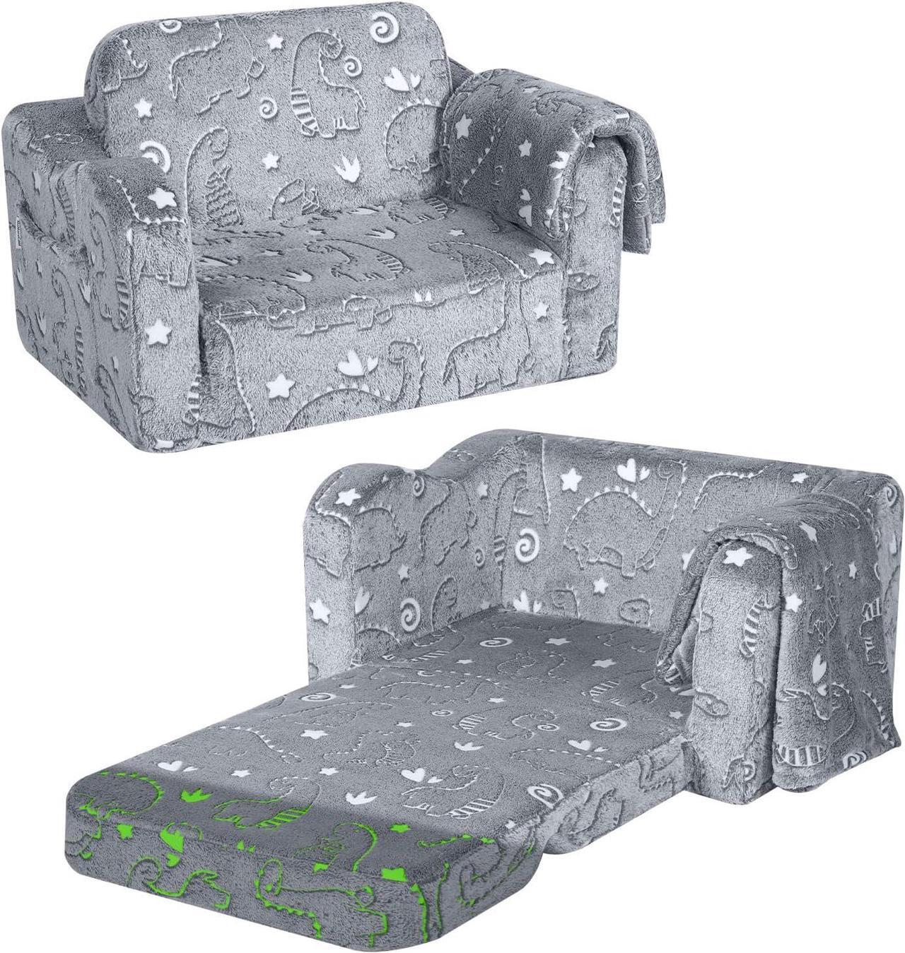 Main image of MeMoreCool Kids Dinosaur Couch, Foldable Toddler Chair, Glow in The Dark Convertible Sofa Bed, Fold Out Lounge for Boys Ages 1-3 in Playroom, Comfy Recliner Lounger (Gray)
