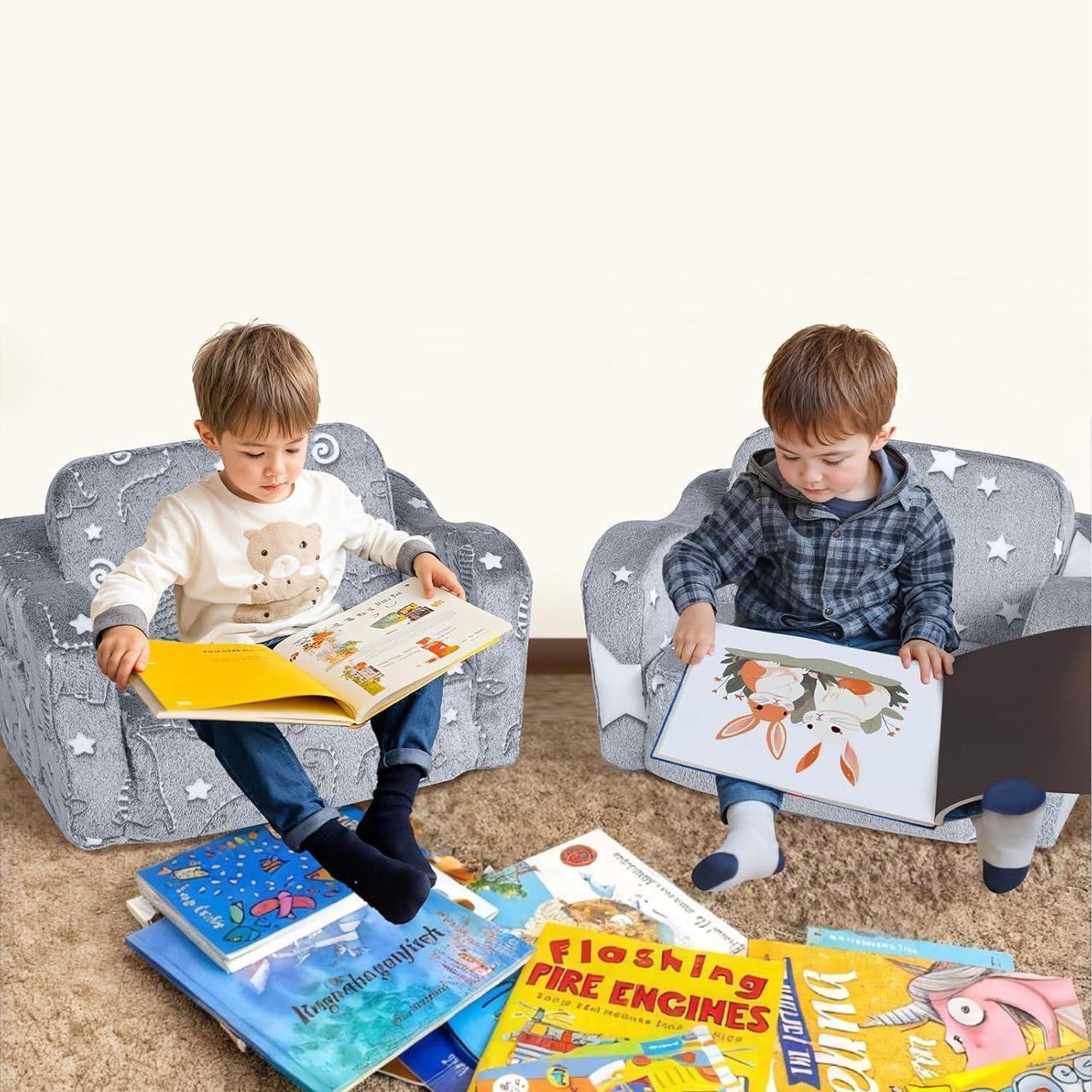 Alt view image 2 of 7 - MeMoreCool Kids Dinosaur Couch, Foldable Toddler Chair, Glow in The Dark Convertible Sofa Bed, Fold Out Lounge for Boys Ages 1-3 in Playroom, Comfy Recliner Lounger (Gray)