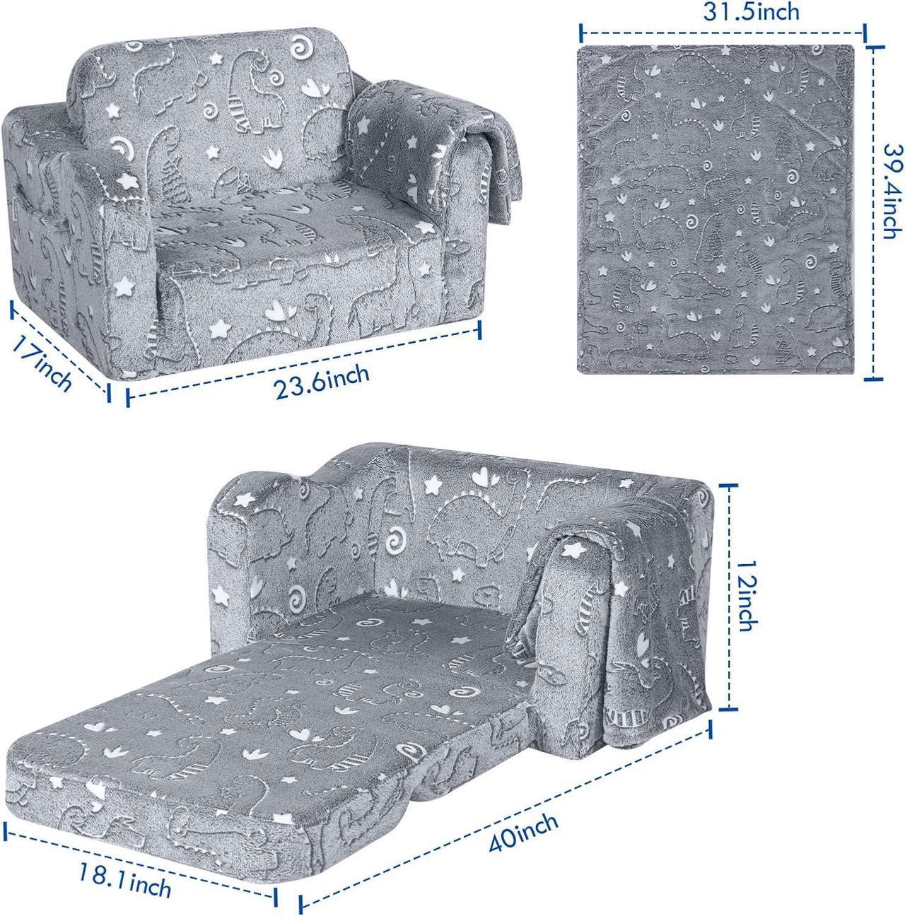 Alt view image 3 of 7 - MeMoreCool Kids Dinosaur Couch, Foldable Toddler Chair, Glow in The Dark Convertible Sofa Bed, Fold Out Lounge for Boys Ages 1-3 in Playroom, Comfy Recliner Lounger (Gray)