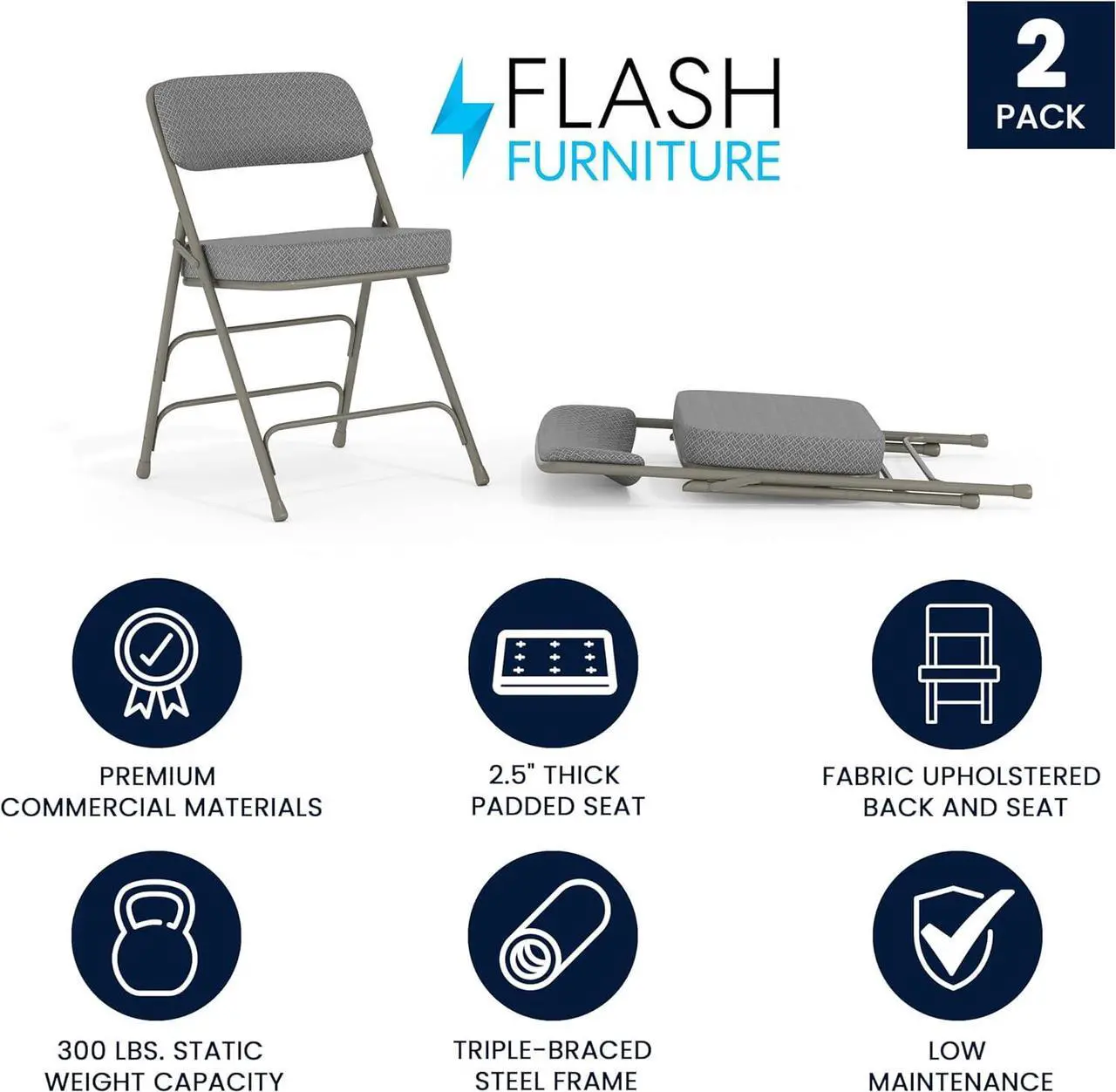 Alt view image 4 of 7 - Flash Furniture Hercules Series Metal Folding Chairs with Cushioned Seats, Fabric Upholstered Event Chairs, Set of 2, Gray