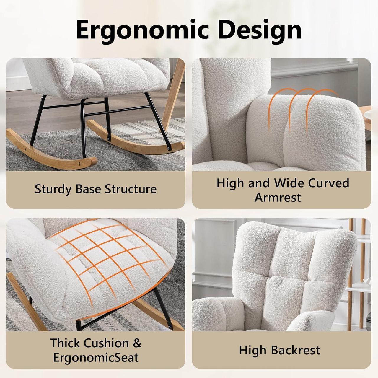 Alt view image 4 of 7 - NIOIIKIT Nursery Rocking Chair Teddy Upholstered Glider Rocker Rocking Accent Chair Padded Seat with High Backrest Armchair Comfy Side Chair for Living Room Bedroom Offices (Ivory Teddy)