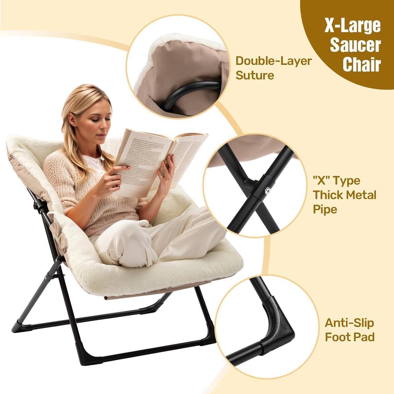 Alt view image 5 of 7 - HollyHOME X-Large Saucer Chair, Comfy Oversized Folding Chair, Faux-Fur Reading Chair for Teens, Adults, Foldable Accent Lazy Chair, Metal Frame Lounge Chair for Living Room, Bedroom, Dorm, Beige