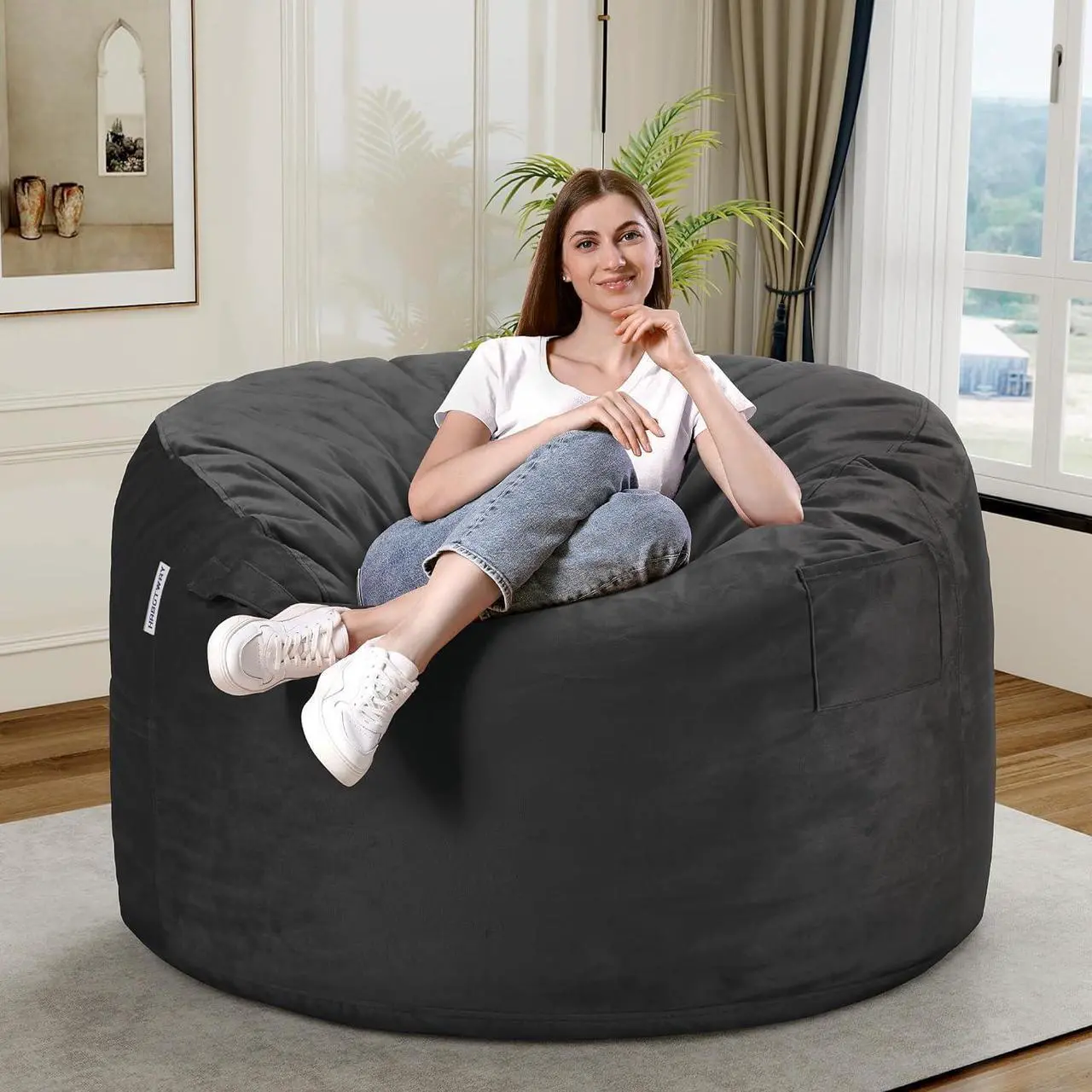 Alt view image 2 of 7 - HABUTWAY Bean Bag Chair 3Ft Luxurious Velvet Ultra Soft Fur with High Rebound Memory Foam Bean Bag Chairs for Adults Plush Lazy Sofa with Fluffy Removable Sponge 3' (Grey)