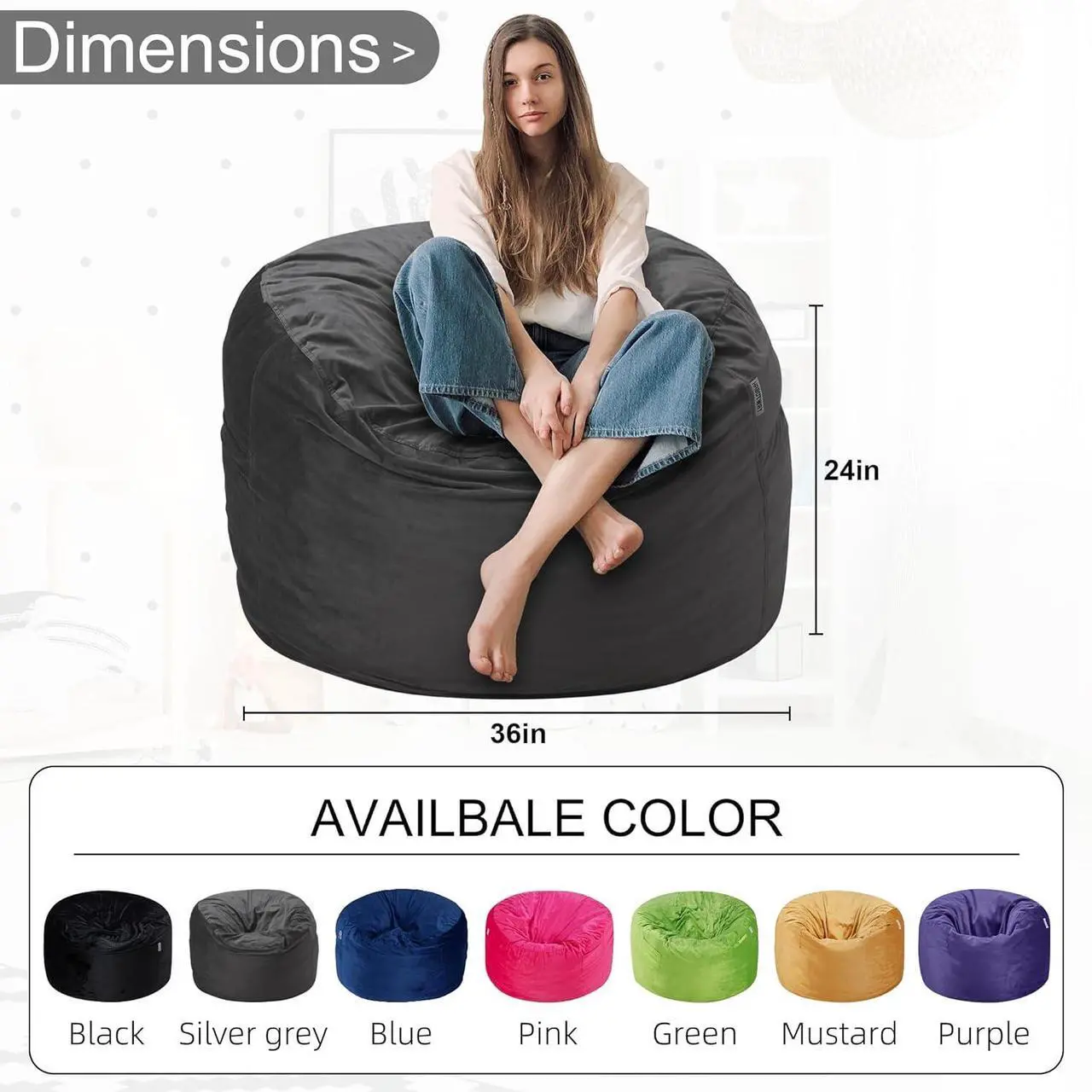 Alt view image 3 of 7 - HABUTWAY Bean Bag Chair 3Ft Luxurious Velvet Ultra Soft Fur with High Rebound Memory Foam Bean Bag Chairs for Adults Plush Lazy Sofa with Fluffy Removable Sponge 3' (Grey)