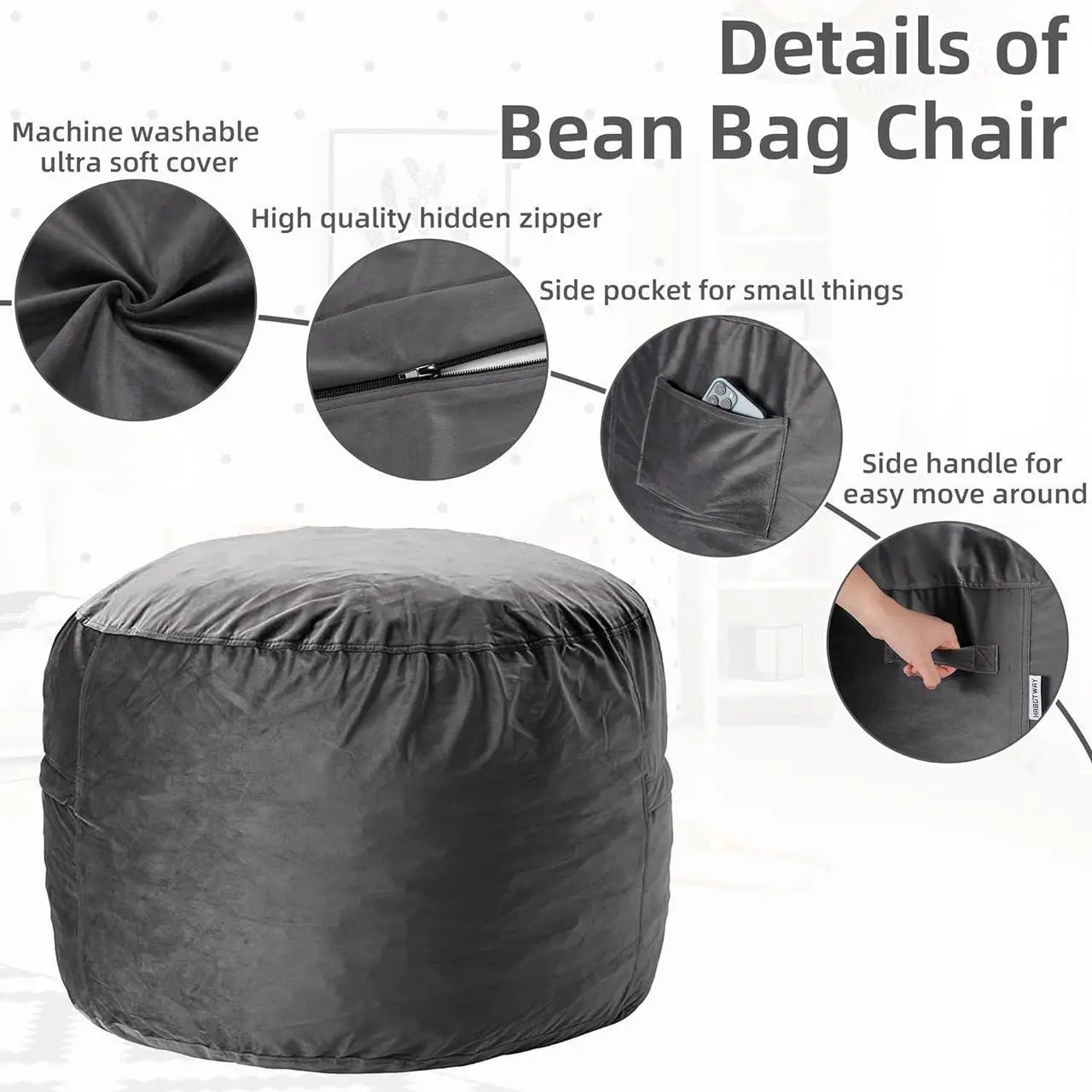 Alt view image 5 of 7 - HABUTWAY Bean Bag Chair 3Ft Luxurious Velvet Ultra Soft Fur with High Rebound Memory Foam Bean Bag Chairs for Adults Plush Lazy Sofa with Fluffy Removable Sponge 3' (Grey)