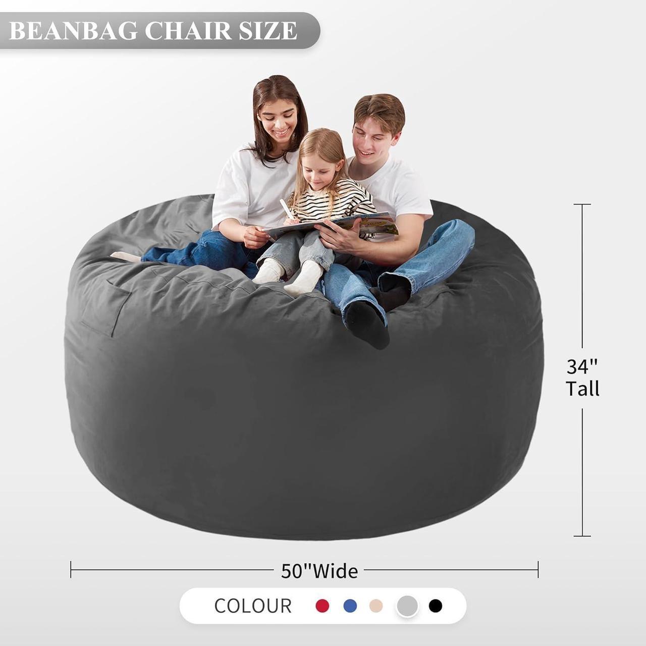 Alt view image 2 of 6 - Homguava 5FT Bean Bag Chair: Large 5' Bean Bags with Memory Foam Filled, Large Beanbag Chairs Soft Sofa with Dutch Velet Cover 5FT(50"×50"×26")-Grey