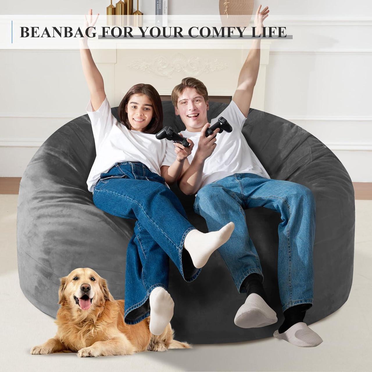 Alt view image 3 of 6 - Homguava 5FT Bean Bag Chair: Large 5' Bean Bags with Memory Foam Filled, Large Beanbag Chairs Soft Sofa with Dutch Velet Cover 5FT(50"×50"×26")-Grey
