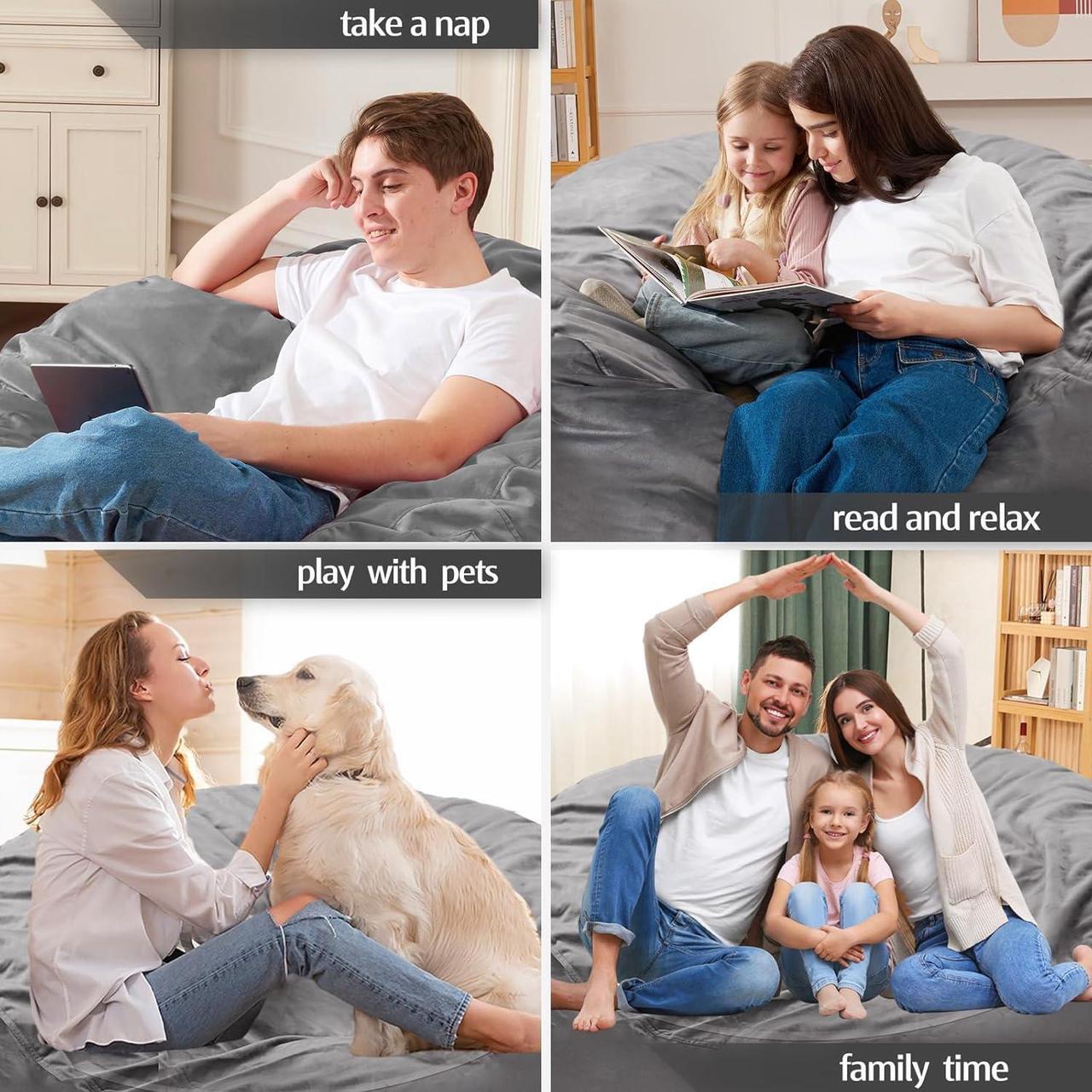 Alt view image 5 of 6 - Homguava 5FT Bean Bag Chair: Large 5' Bean Bags with Memory Foam Filled, Large Beanbag Chairs Soft Sofa with Dutch Velet Cover 5FT(50"×50"×26")-Grey