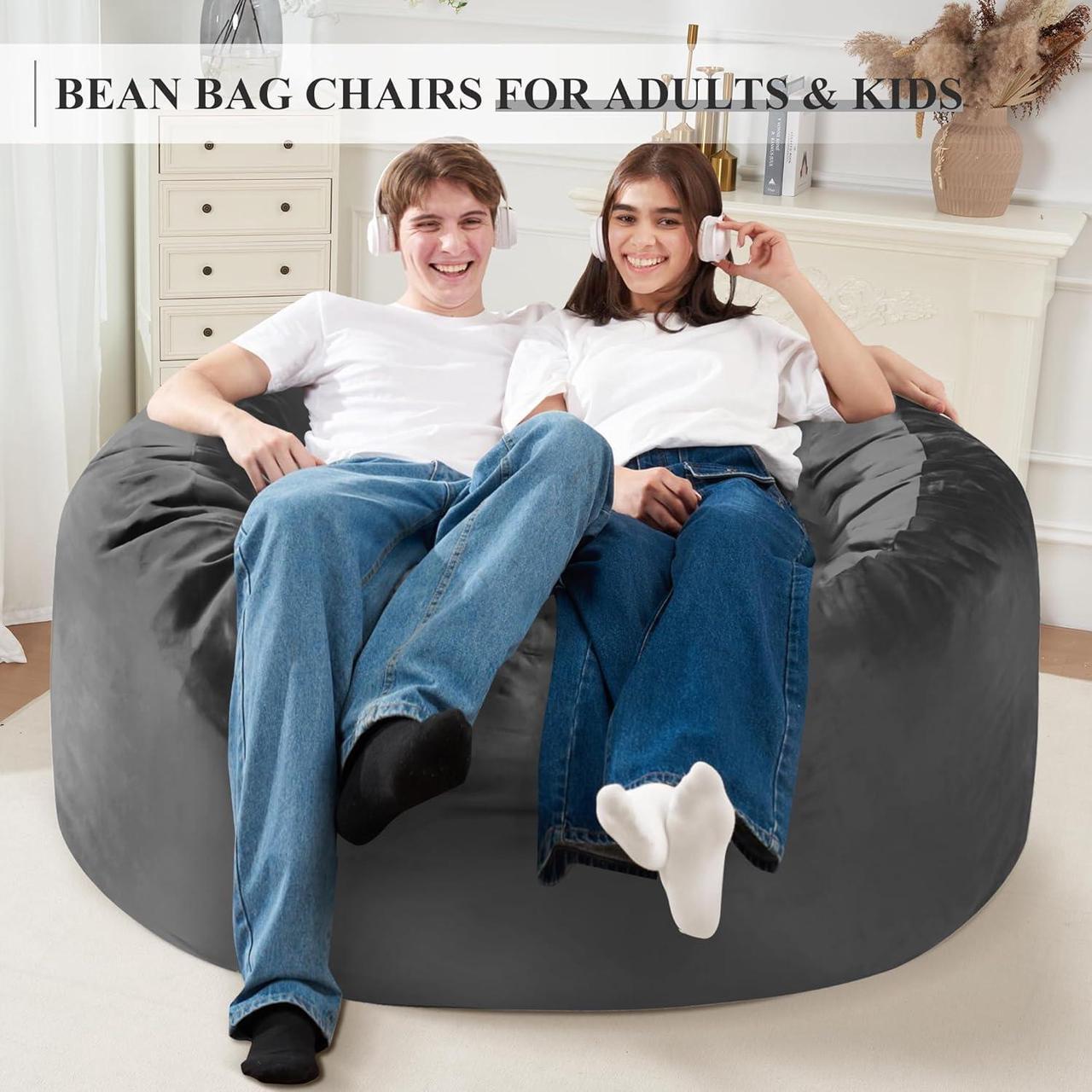 Alt view image 4 of 6 - Homguava 5FT Bean Bag Chair: Large 5' Bean Bags with Memory Foam Filled, Large Beanbag Chairs Soft Sofa with Dutch Velet Cover 5FT(50"×50"×26")-Grey