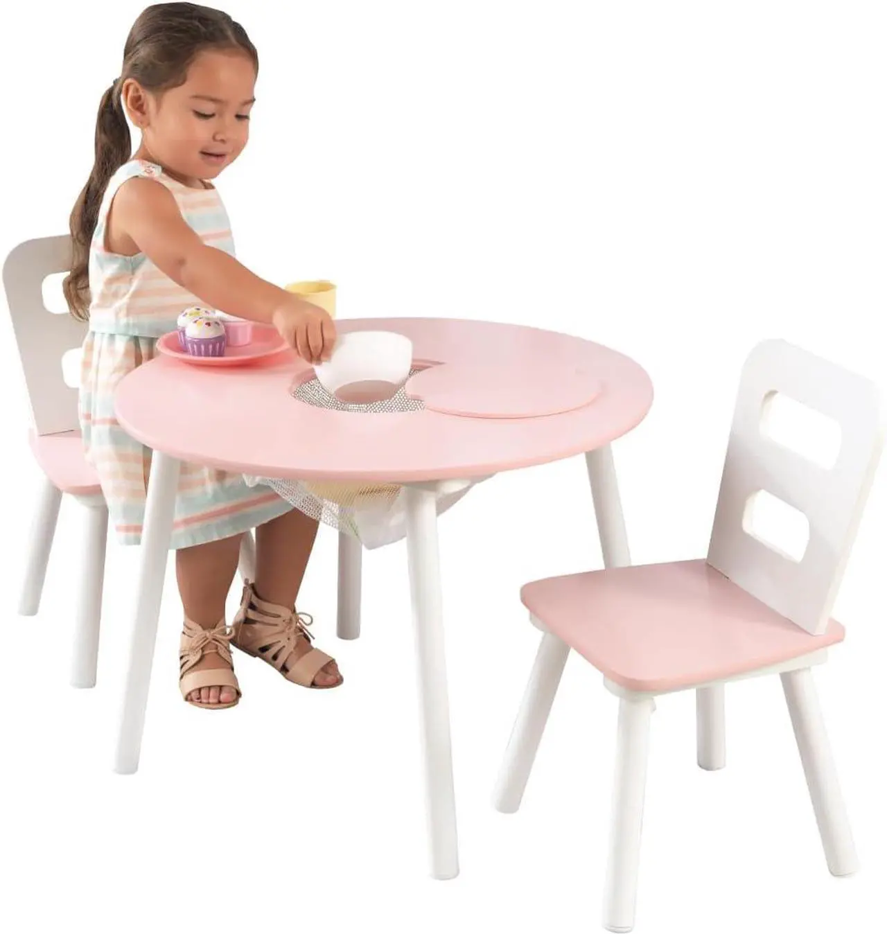 Main image of KidKraft Wooden Round Table & 2 Chair Set with Center Mesh Storage - Pink & White