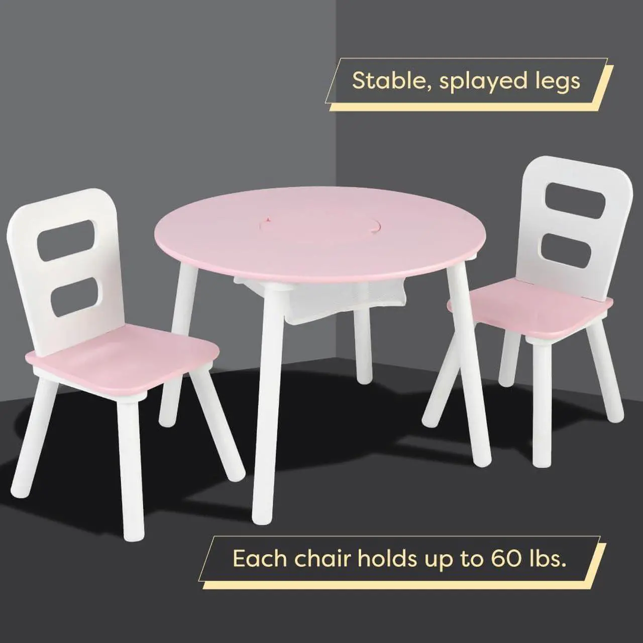 Alt view image 2 of 6 - KidKraft Wooden Round Table & 2 Chair Set with Center Mesh Storage - Pink & White