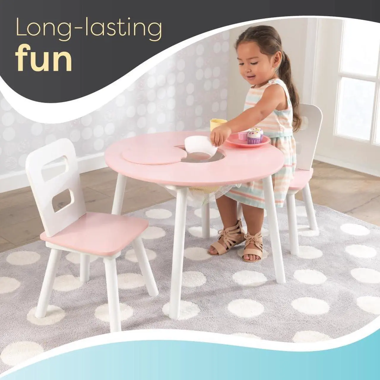 Alt view image 6 of 6 - KidKraft Wooden Round Table & 2 Chair Set with Center Mesh Storage - Pink & White