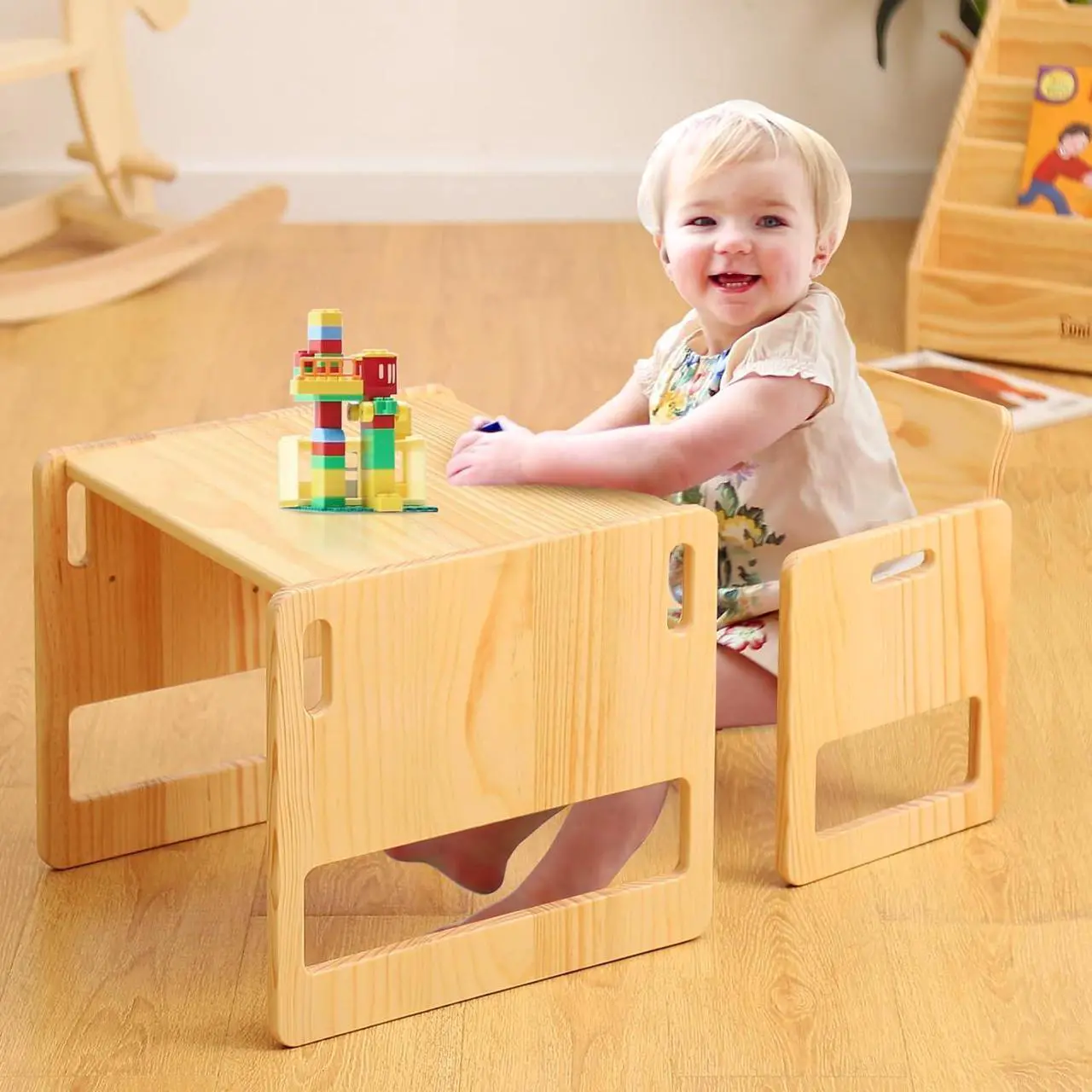 Main image of FUNLIO Montessori Weaning Table and Chair Set for Toddlers Age 1-3, Height Adjustable Toddler Table and Chair Set, Cube Kids Table Chair for Reading/Eating/Playing, Easy to Assemble, CPC Certified
