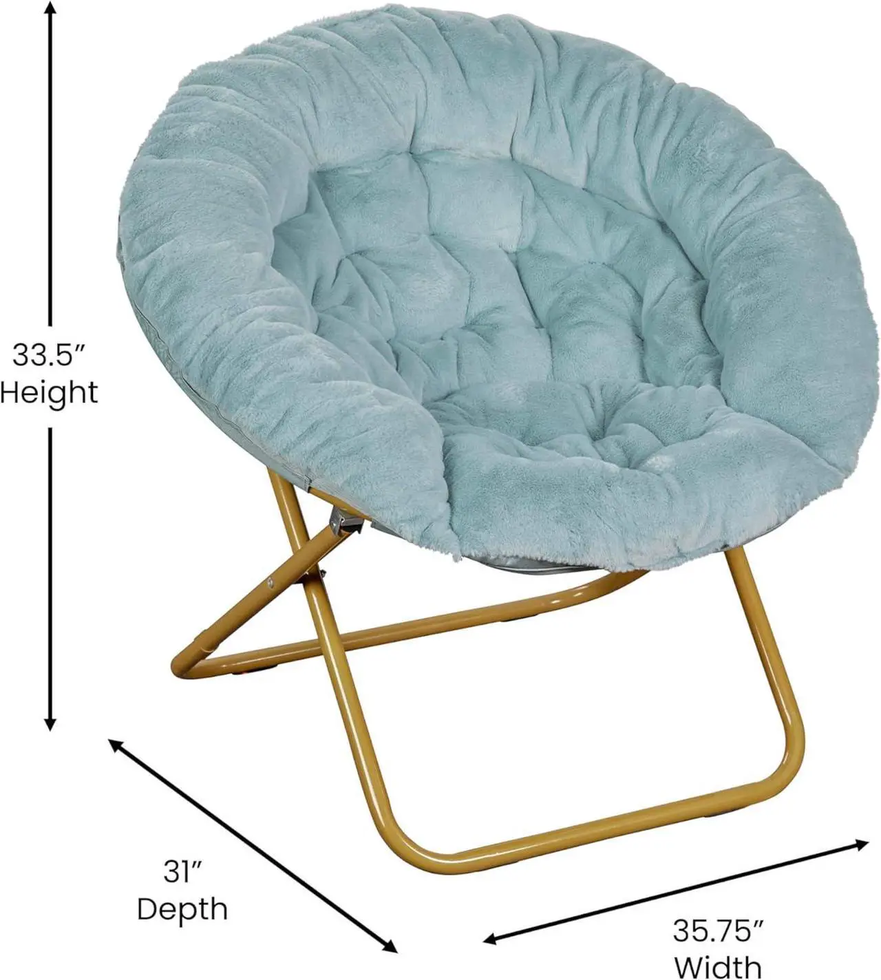 Alt view image 2 of 7 - EMMA + OLIVER Ersa Folding Saucer Chair - Dusty Aqua Faux Fur Cushion - 38" Oversized Design - Metal Frame in Soft Gold - No Assembly - Holds 300 lbs. Static Weight