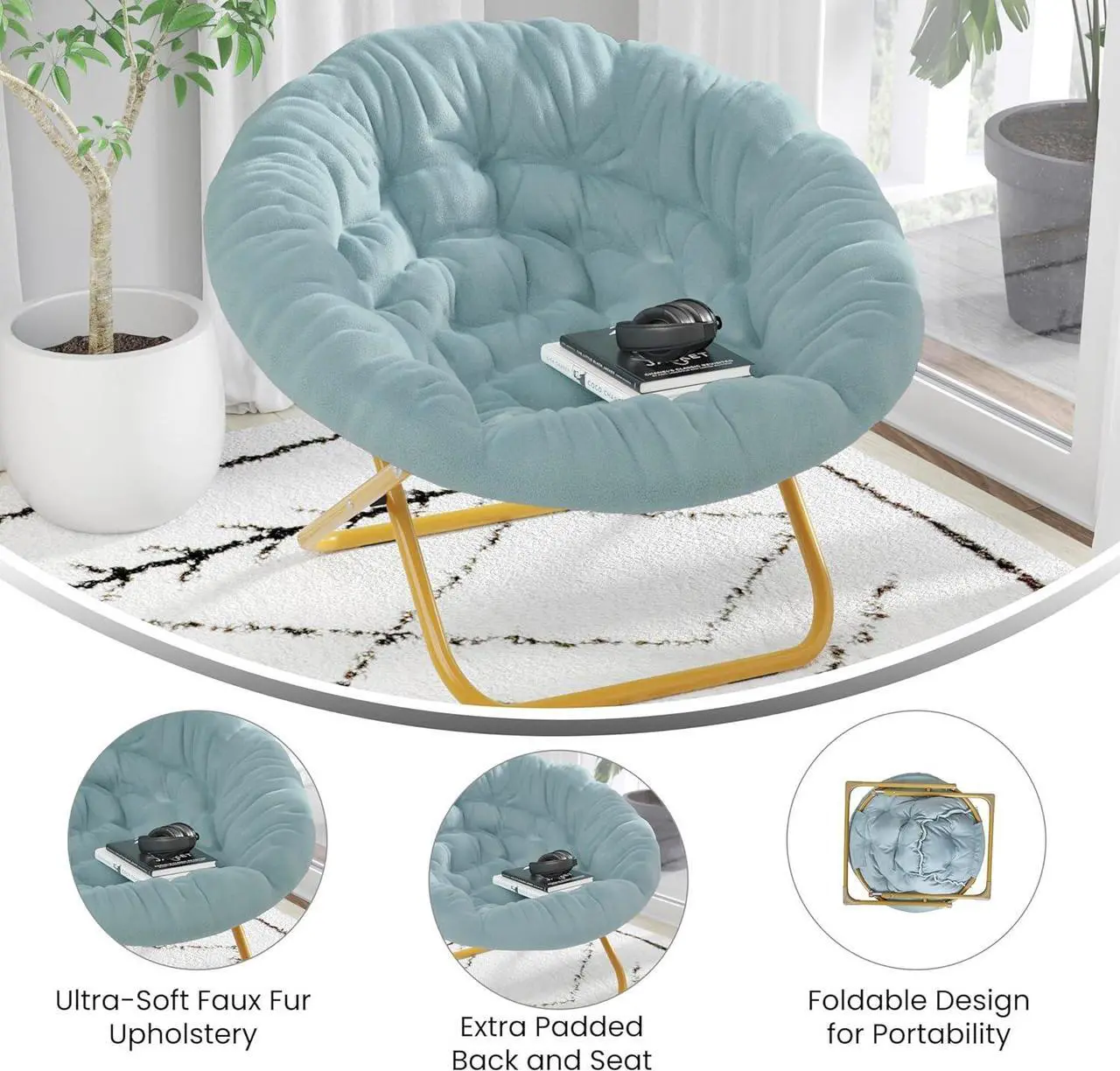 Alt view image 5 of 7 - EMMA + OLIVER Ersa Folding Saucer Chair - Dusty Aqua Faux Fur Cushion - 38" Oversized Design - Metal Frame in Soft Gold - No Assembly - Holds 300 lbs. Static Weight