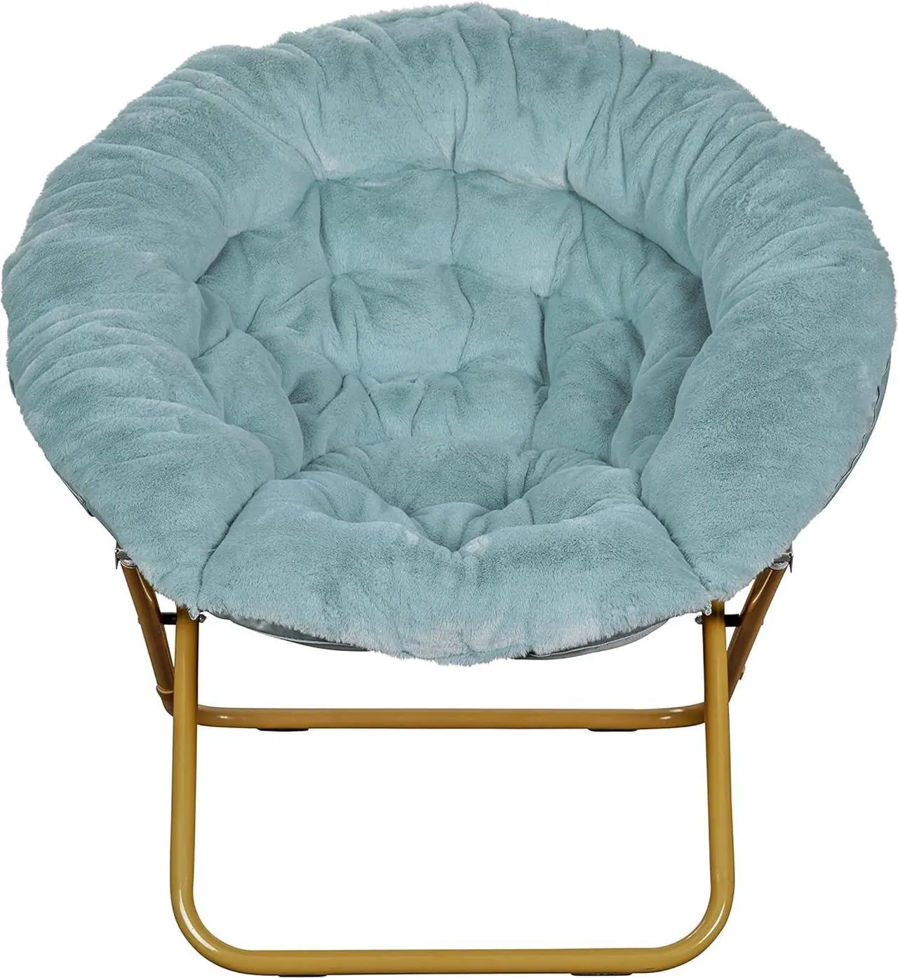 Alt view image 7 of 7 - EMMA + OLIVER Ersa Folding Saucer Chair - Dusty Aqua Faux Fur Cushion - 38" Oversized Design - Metal Frame in Soft Gold - No Assembly - Holds 300 lbs. Static Weight
