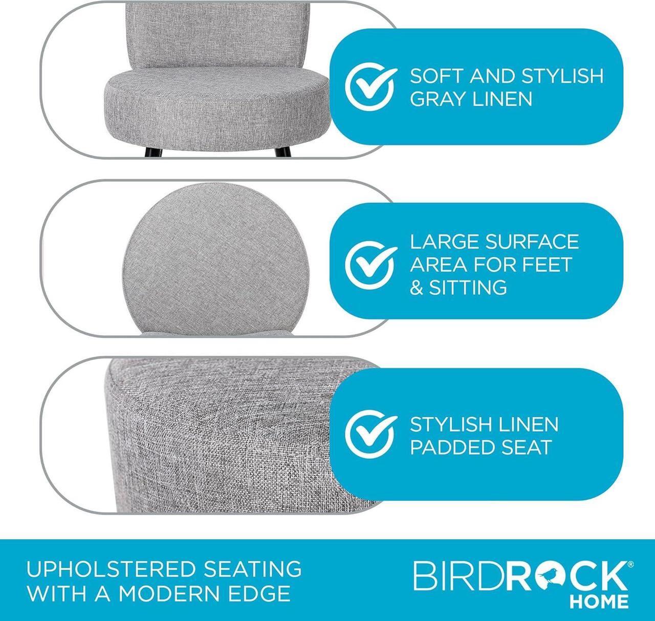 Alt view image 6 of 7 - BIRDROCK HOME Linen Chair w/Back - Small Padded Footrest - Compact Round Ottoman Foot Stool - Living Room, Office, Dorm Chair - Upholstered Soft Seating - Black Metal Legs - Couch, Desk, Sofa - Grey