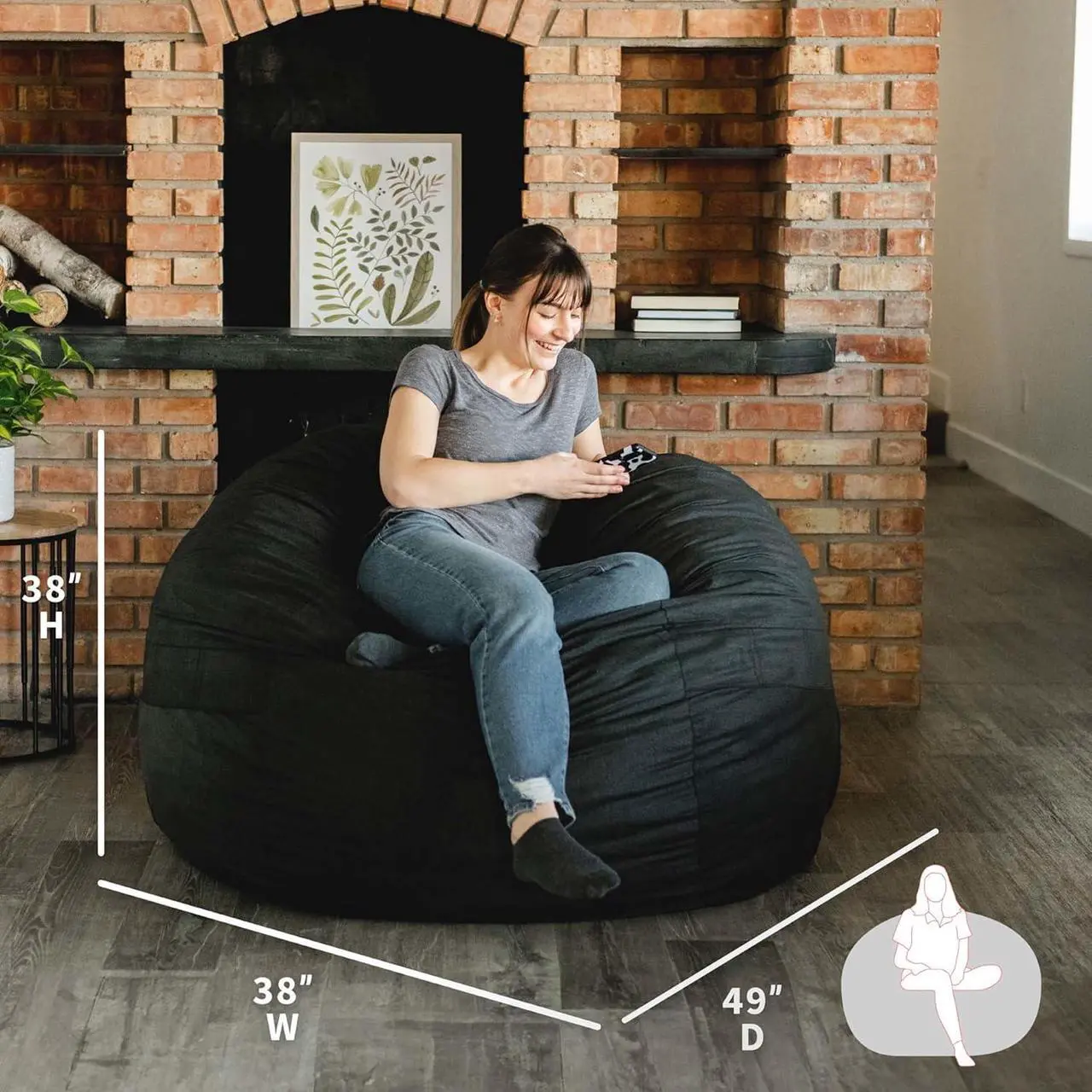 Alt view image 3 of 7 - Big Joe Fuf Large Foam Filled Bean Bag Chair with Removable Cover, Black Lenox, Durable Woven Polyester, 4 feet Big
