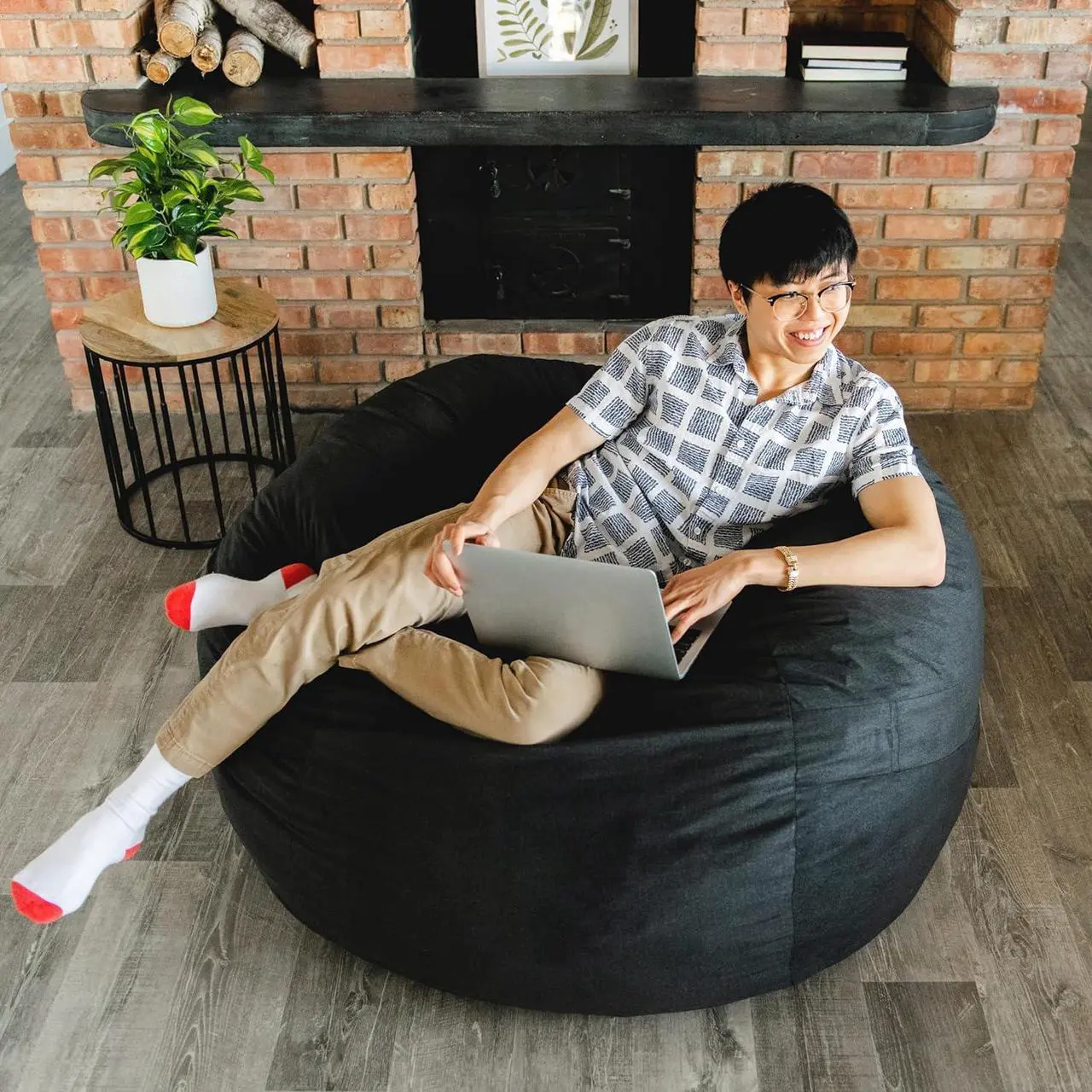 Alt view image 2 of 7 - Big Joe Fuf Large Foam Filled Bean Bag Chair with Removable Cover, Black Lenox, Durable Woven Polyester, 4 feet Big