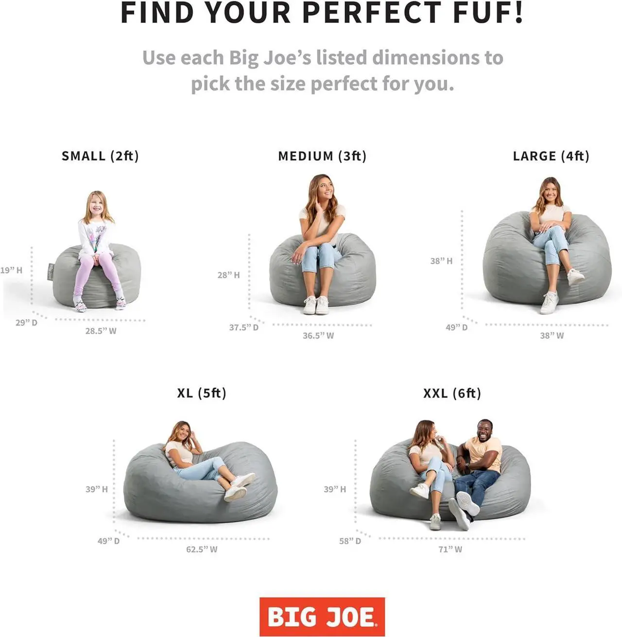 Alt view image 7 of 7 - Big Joe Fuf Large Foam Filled Bean Bag Chair with Removable Cover, Black Lenox, Durable Woven Polyester, 4 feet Big