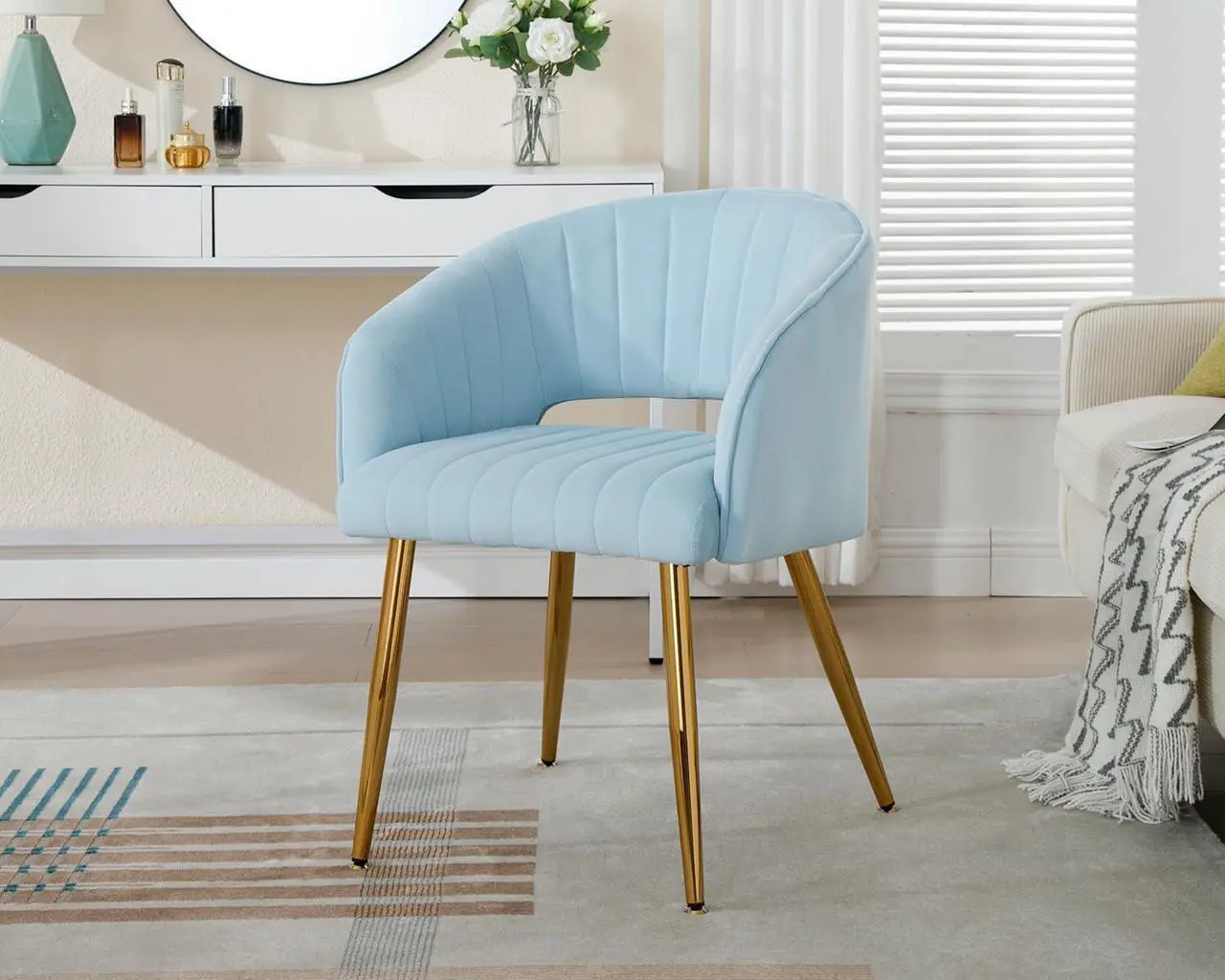 Alt view image 2 of 7 - KCC Modern Velvet Desk Chair Accent Armchair Upholstered Tufted Chairs Dining Chairs, Tufted Vanity Chairs Side Chairs with Gold Metal Legs for Dinging Room Living Room Restaurant, 1 PC & Baby Blue