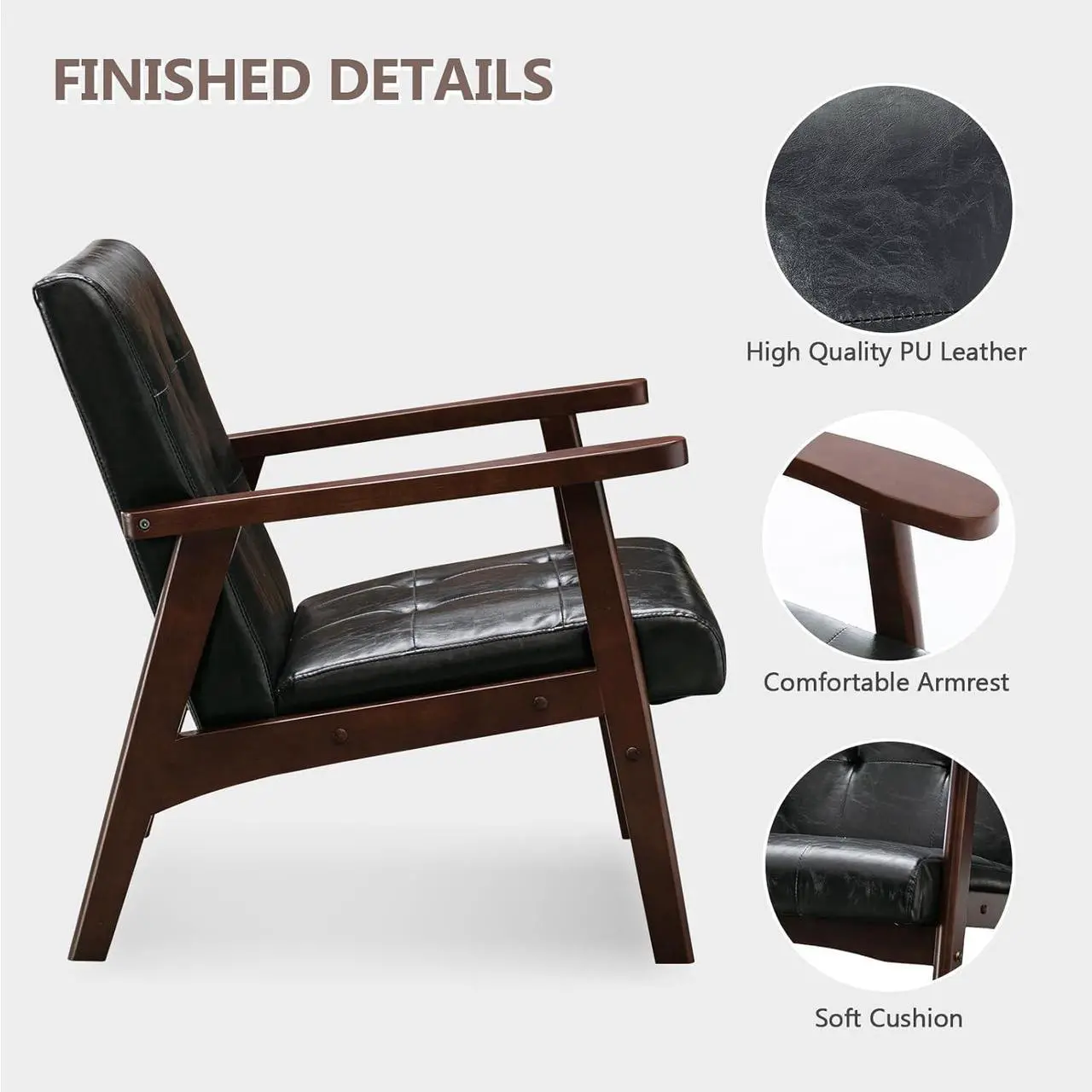 Alt view image 4 of 7 - Bonzy Home Black Accent Chair,Faux Leather Mid Century Modern Chairs for Living Room, Upholstered Armchair Comfy Retro Bedroom Side Chair with Solid Wood Frame, Black