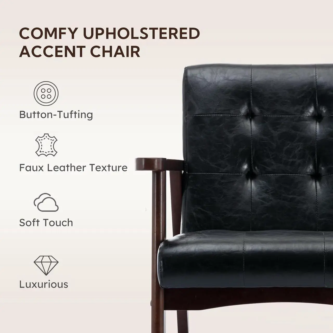 Alt view image 6 of 7 - Bonzy Home Black Accent Chair,Faux Leather Mid Century Modern Chairs for Living Room, Upholstered Armchair Comfy Retro Bedroom Side Chair with Solid Wood Frame, Black