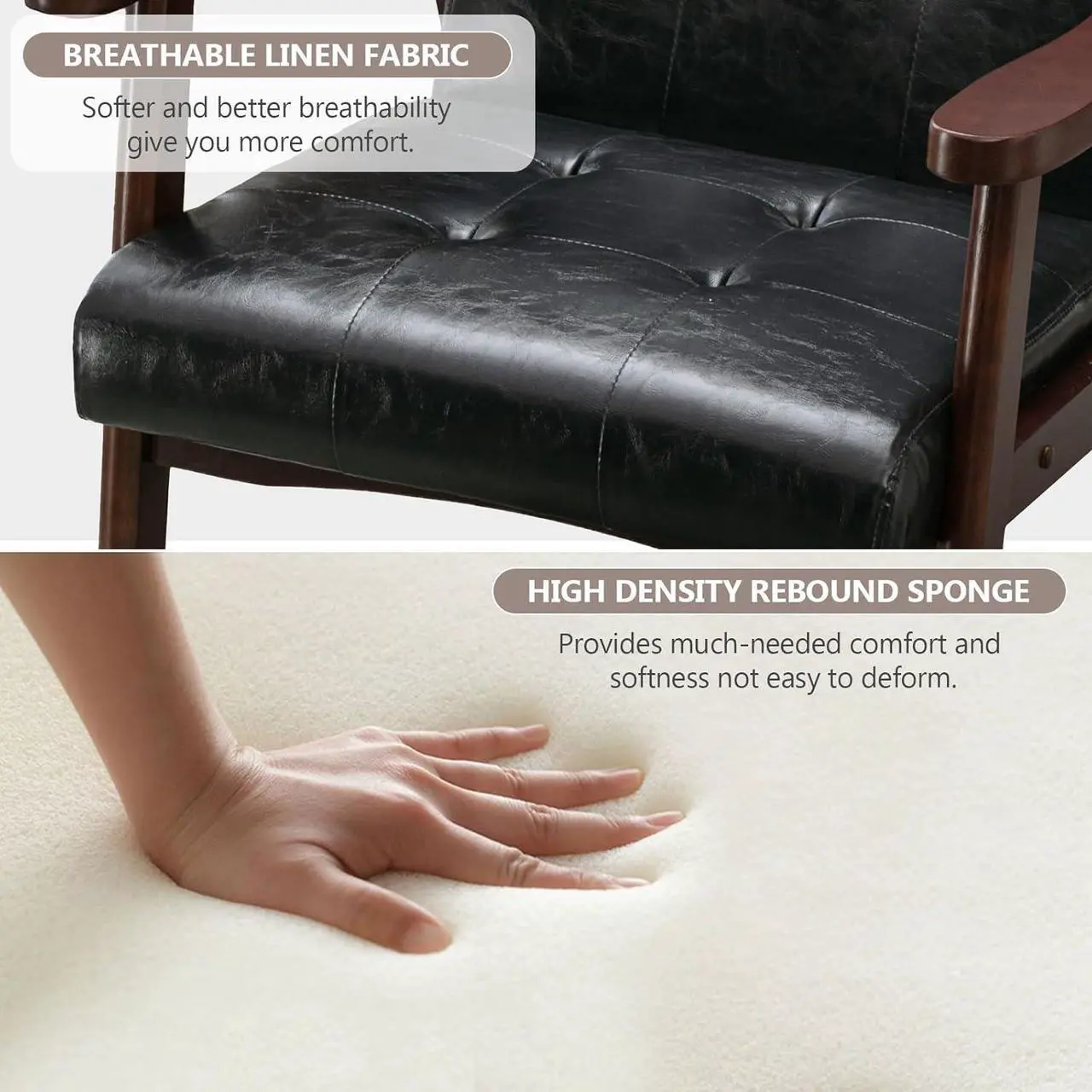Alt view image 5 of 7 - Bonzy Home Black Accent Chair,Faux Leather Mid Century Modern Chairs for Living Room, Upholstered Armchair Comfy Retro Bedroom Side Chair with Solid Wood Frame, Black