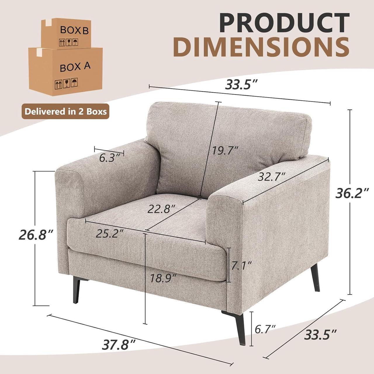 Alt view image 2 of 7 - CDCASA Accent Chair, Linen Fabric Oversized Mid Century Modern Chair Set of 1, Comfy Upholstered Armchair Reading Accent Chairs Sofa Chairs for Bedroom Living Room, Light Brown