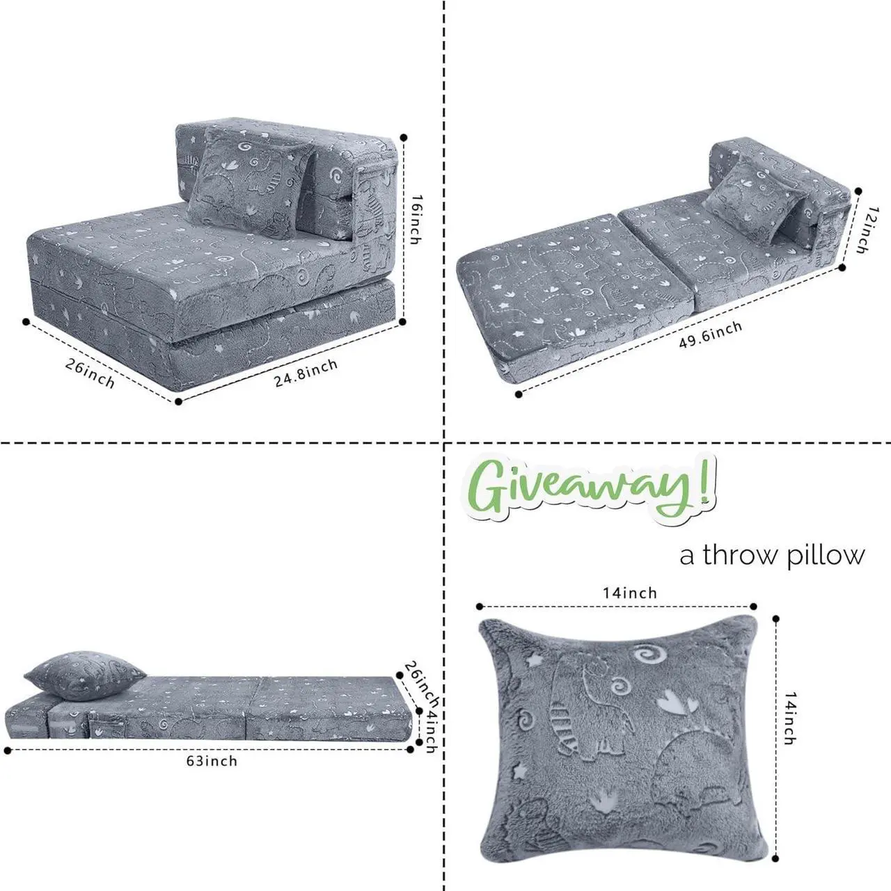 Alt view image 3 of 7 - MeMoreCool Kids Floor Mattress Glow in The Dark, Convertible Sofa Couch, Folding Futon Chair Bed Sleeper for Baby Playroom (Glowing Dinosaur)