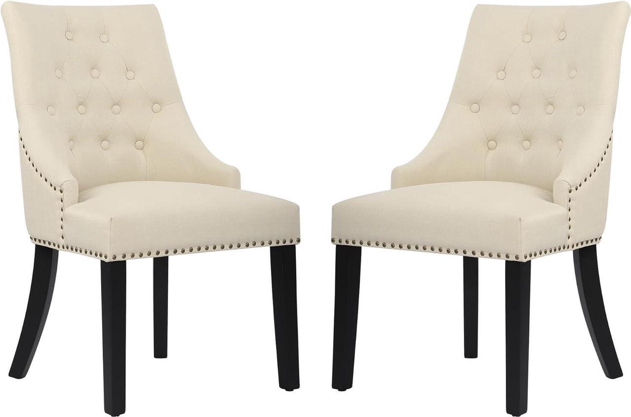 Main image of DAGONHIL Fabric Dining Chairs Set of 2 Tufted Dining Room Chairs Upholstered Kitchen Chairs, Accent Chairs with Black Solid Wood Legs, Nailed Trim (Beige)
