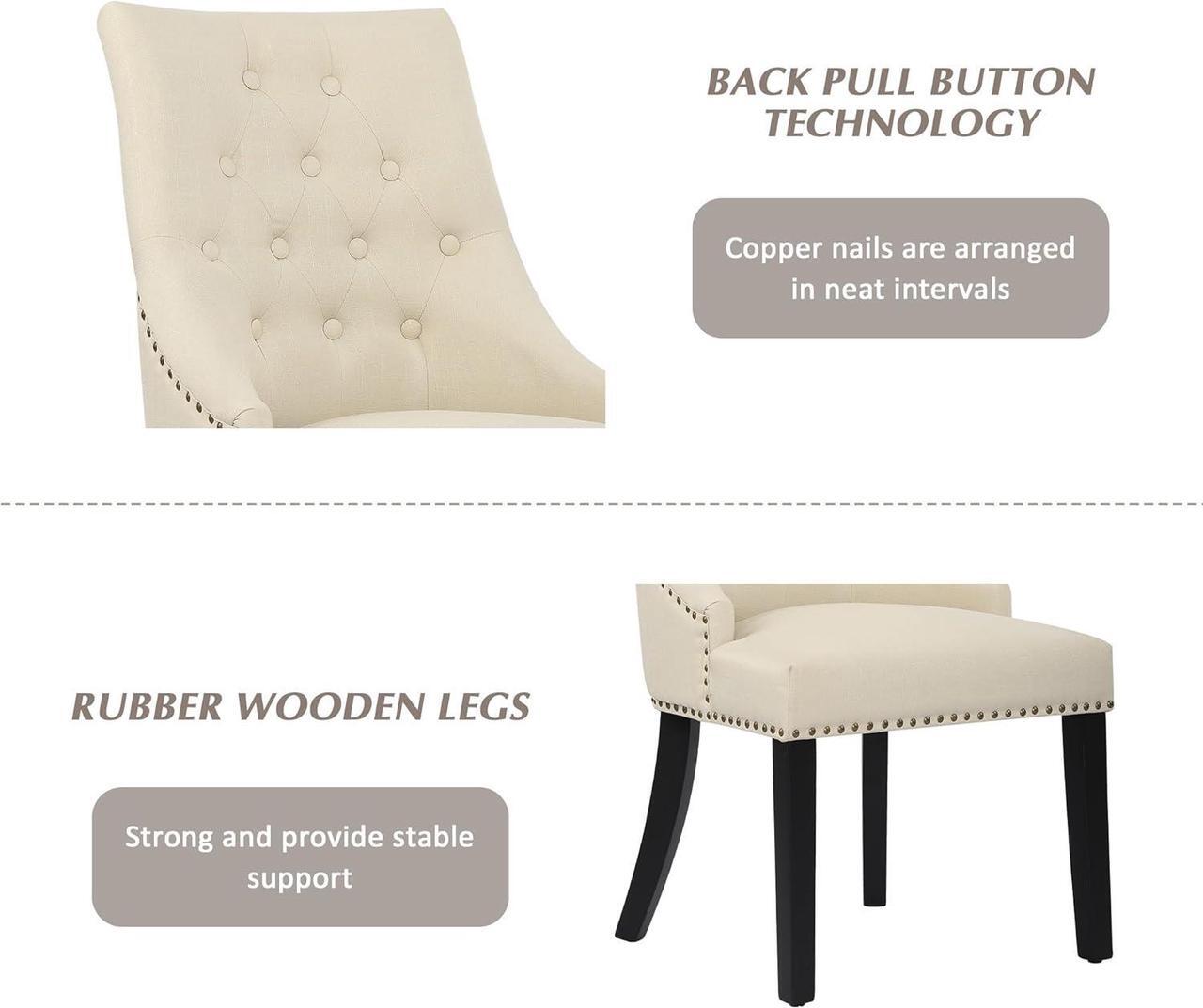 Alt view image 5 of 7 - DAGONHIL Fabric Dining Chairs Set of 2 Tufted Dining Room Chairs Upholstered Kitchen Chairs, Accent Chairs with Black Solid Wood Legs, Nailed Trim (Beige)