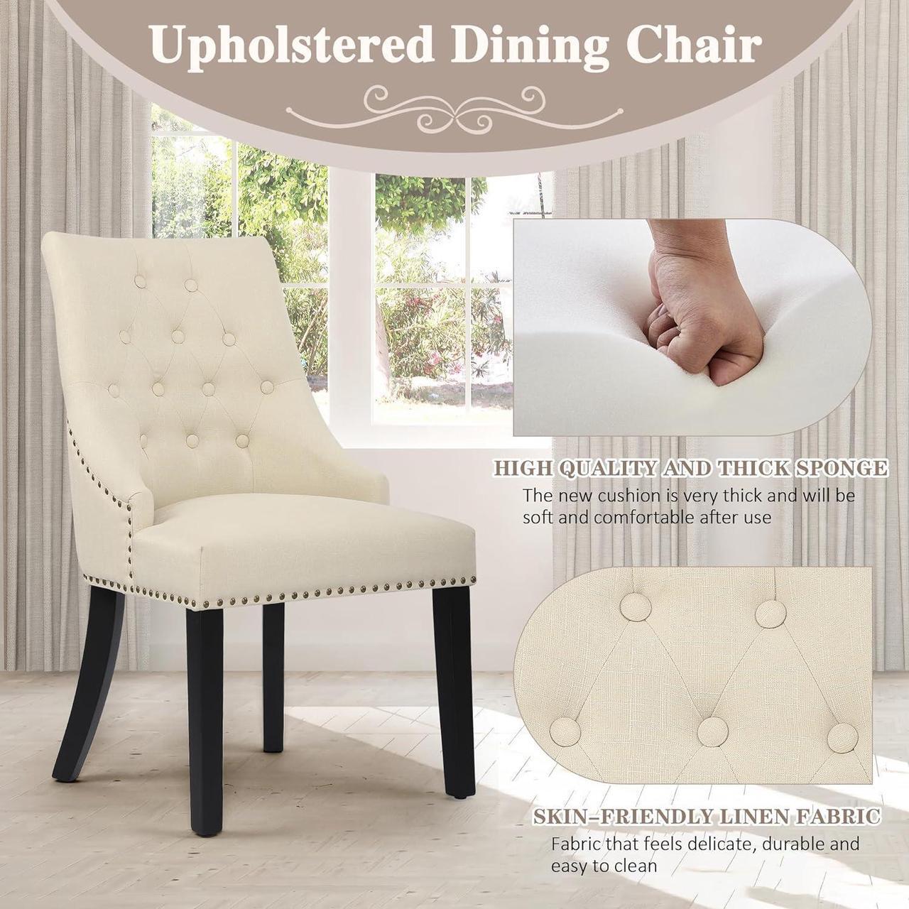 Alt view image 4 of 7 - DAGONHIL Fabric Dining Chairs Set of 2 Tufted Dining Room Chairs Upholstered Kitchen Chairs, Accent Chairs with Black Solid Wood Legs, Nailed Trim (Beige)