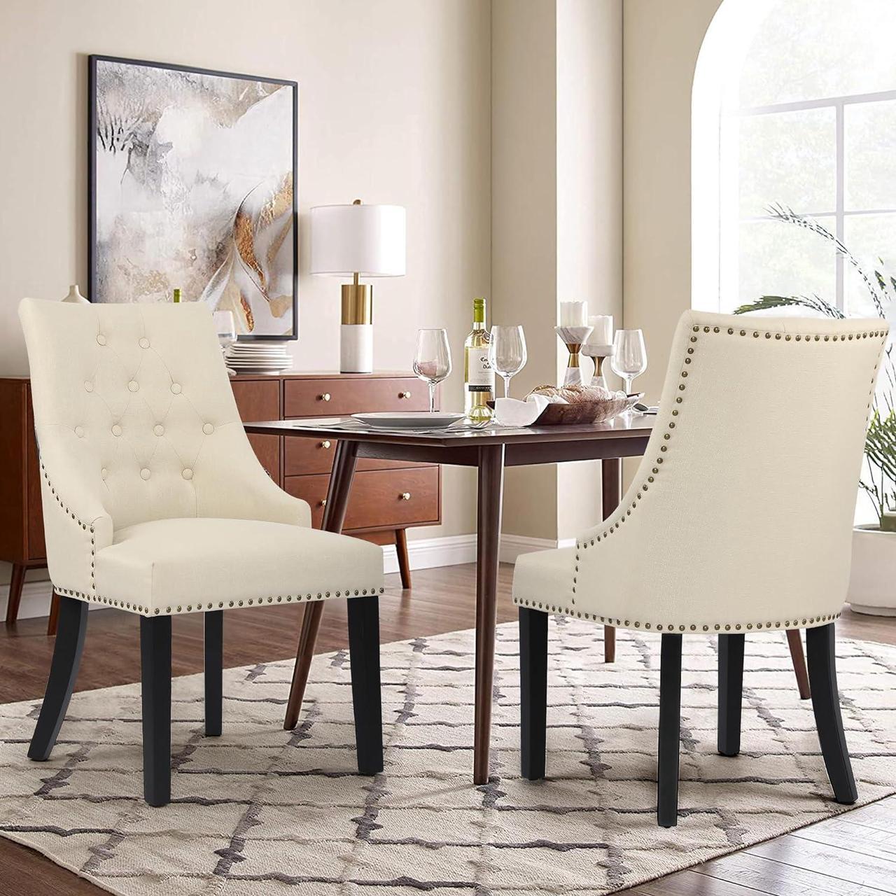 Alt view image 2 of 7 - DAGONHIL Fabric Dining Chairs Set of 2 Tufted Dining Room Chairs Upholstered Kitchen Chairs, Accent Chairs with Black Solid Wood Legs, Nailed Trim (Beige)