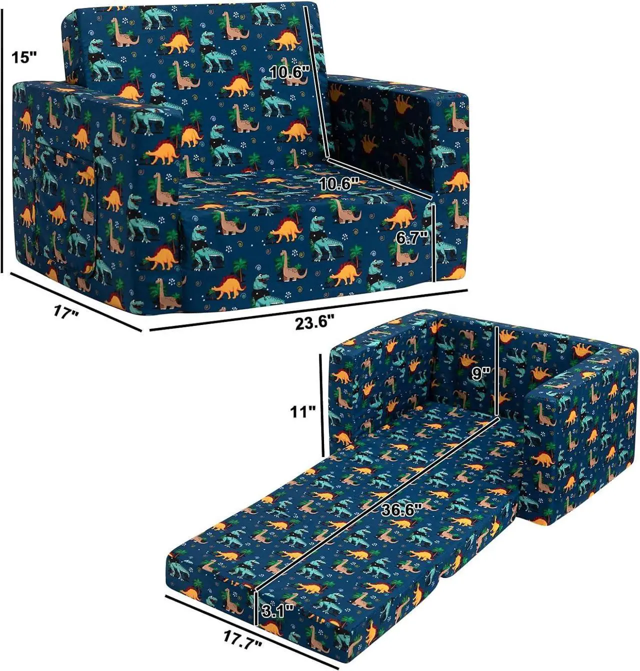 Alt view image 3 of 7 - ALIMORDEN 2-in-1 Flip Out Comfy Toddler Couch, Lovely Kids Chair Convertible Sofa to Lounger for Story/Nap Time, Cool Dinosaurs