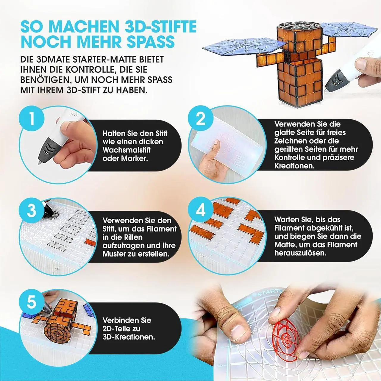 Alt view image 7 of 7 - 3D Pen Filament with Silicon Design Mat and Compatible Stencils Book with 11 Templates - 1.75mm PLA Plastic Refills - 360 Feet of Assorted Filament for 3D Drawing and Doodling