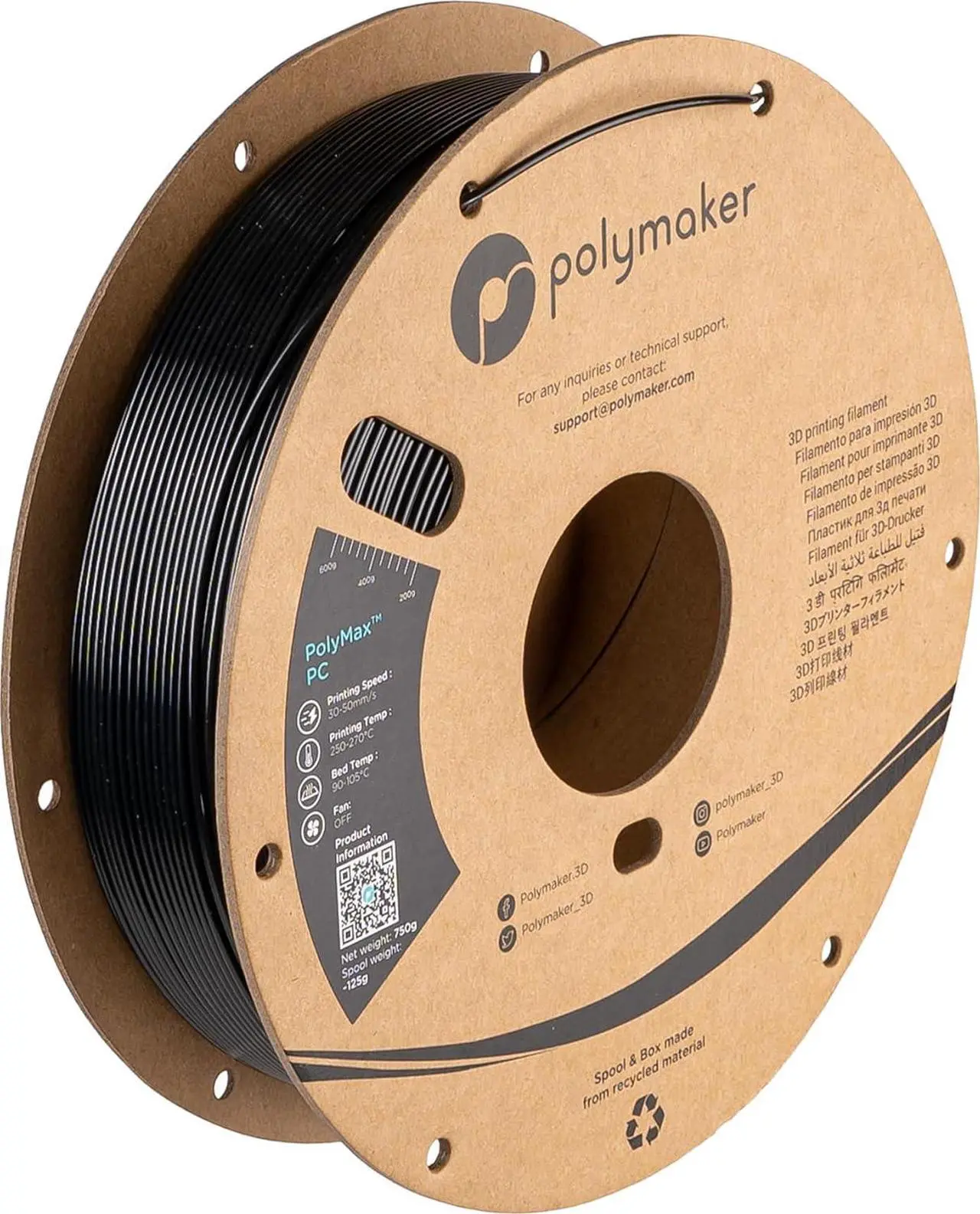 Main image of Polymaker Polymax Tough PC Filament 1.75mm, Black Polycarbonate Filament 1.75mm 0.75kg Cardboard Spool - PC Filament 3D Printer Polycarbonate Filament PC, Tough & High Heat Resistant Black PC Filament