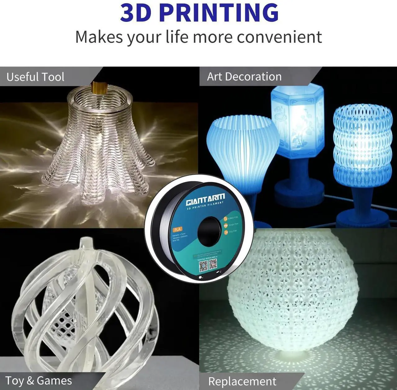 Alt view image 5 of 7 - GIANTARM Clear PLA Filament, 1.75mm Transparent PLA 1kg Spool (2.2lbs), 3D Printer Filament with Vacuum Packaging