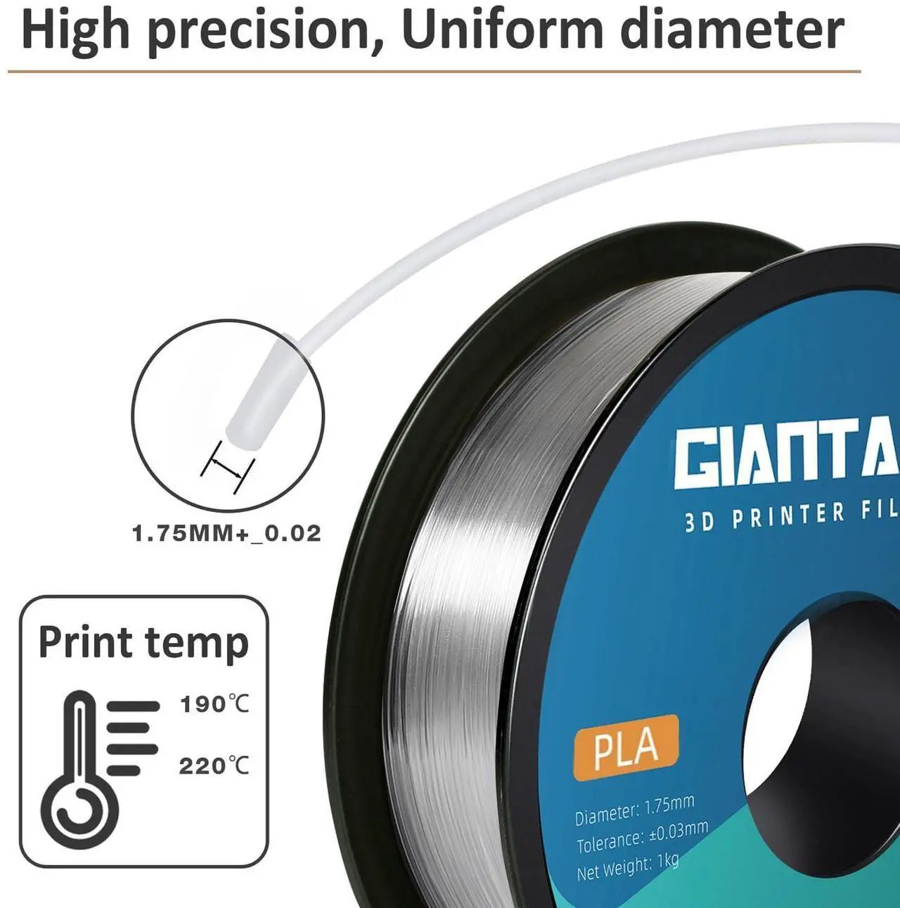 Alt view image 4 of 7 - GIANTARM Clear PLA Filament, 1.75mm Transparent PLA 1kg Spool (2.2lbs), 3D Printer Filament with Vacuum Packaging