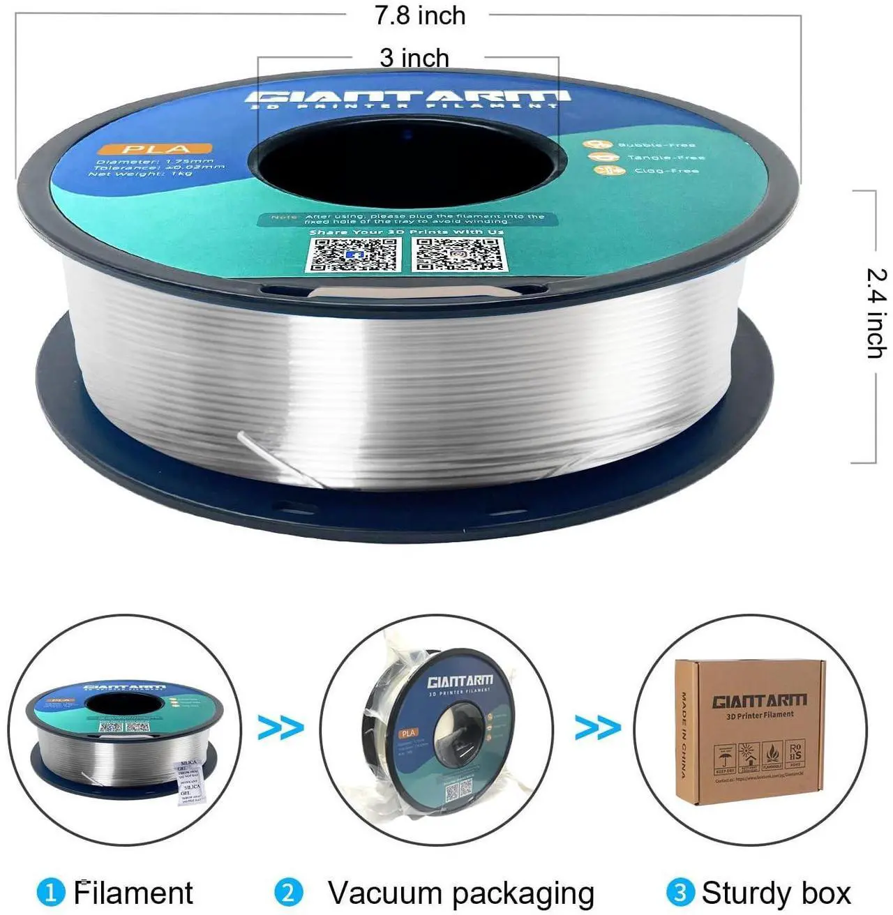 Alt view image 6 of 7 - GIANTARM Clear PLA Filament, 1.75mm Transparent PLA 1kg Spool (2.2lbs), 3D Printer Filament with Vacuum Packaging
