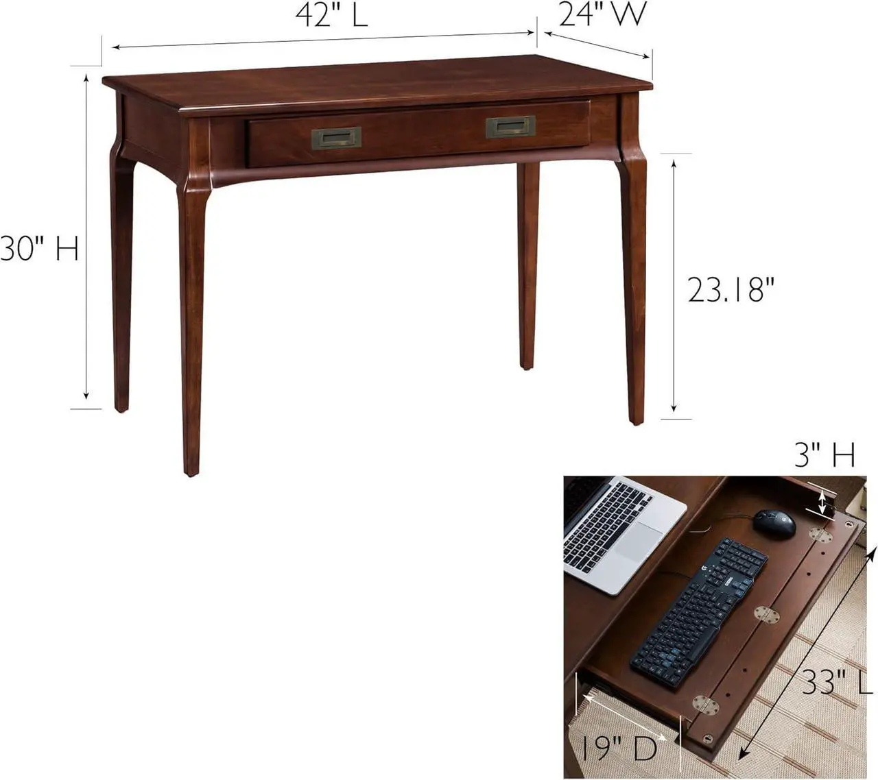 Alt view image 5 of 7 - Leick Home Stratus Solid Wood Laptop Writing Desk with Drop Front Keyboard Drawer, Space-Saving Design for Home Office, Heartwood Cherry, 22400